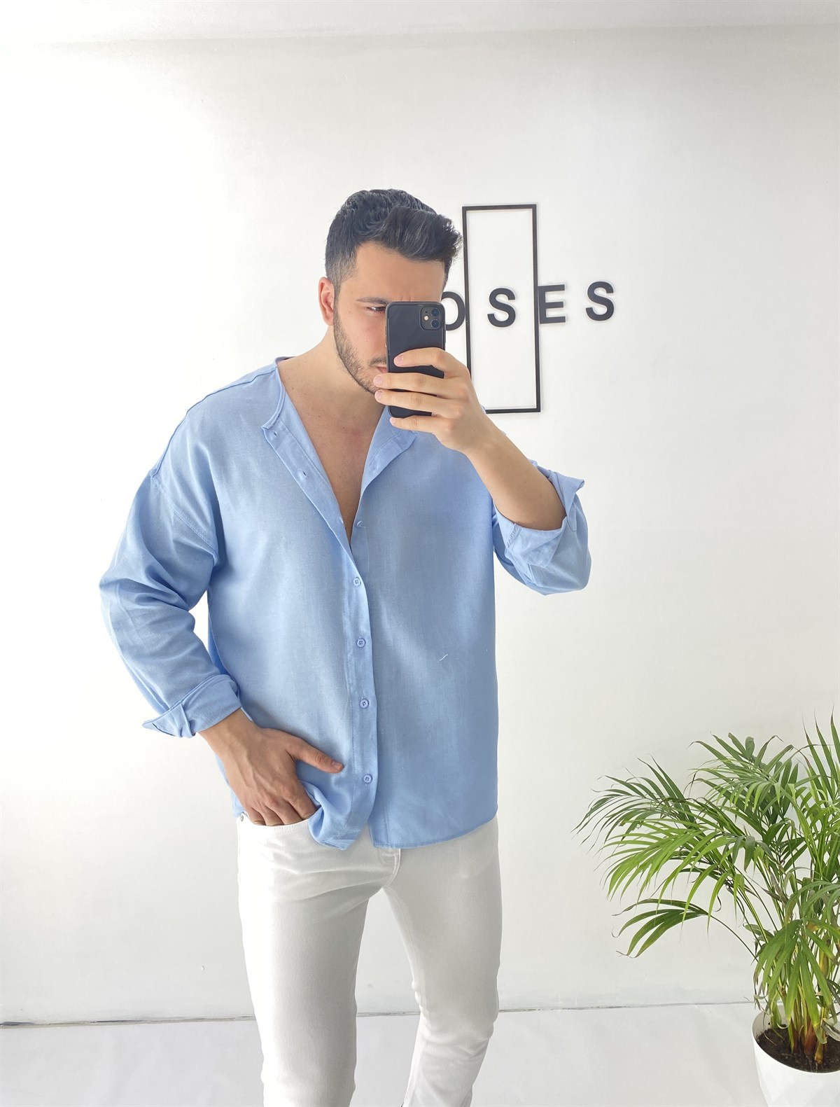 Sıfır Yaka Mavi Oversize Keten Gömlek 