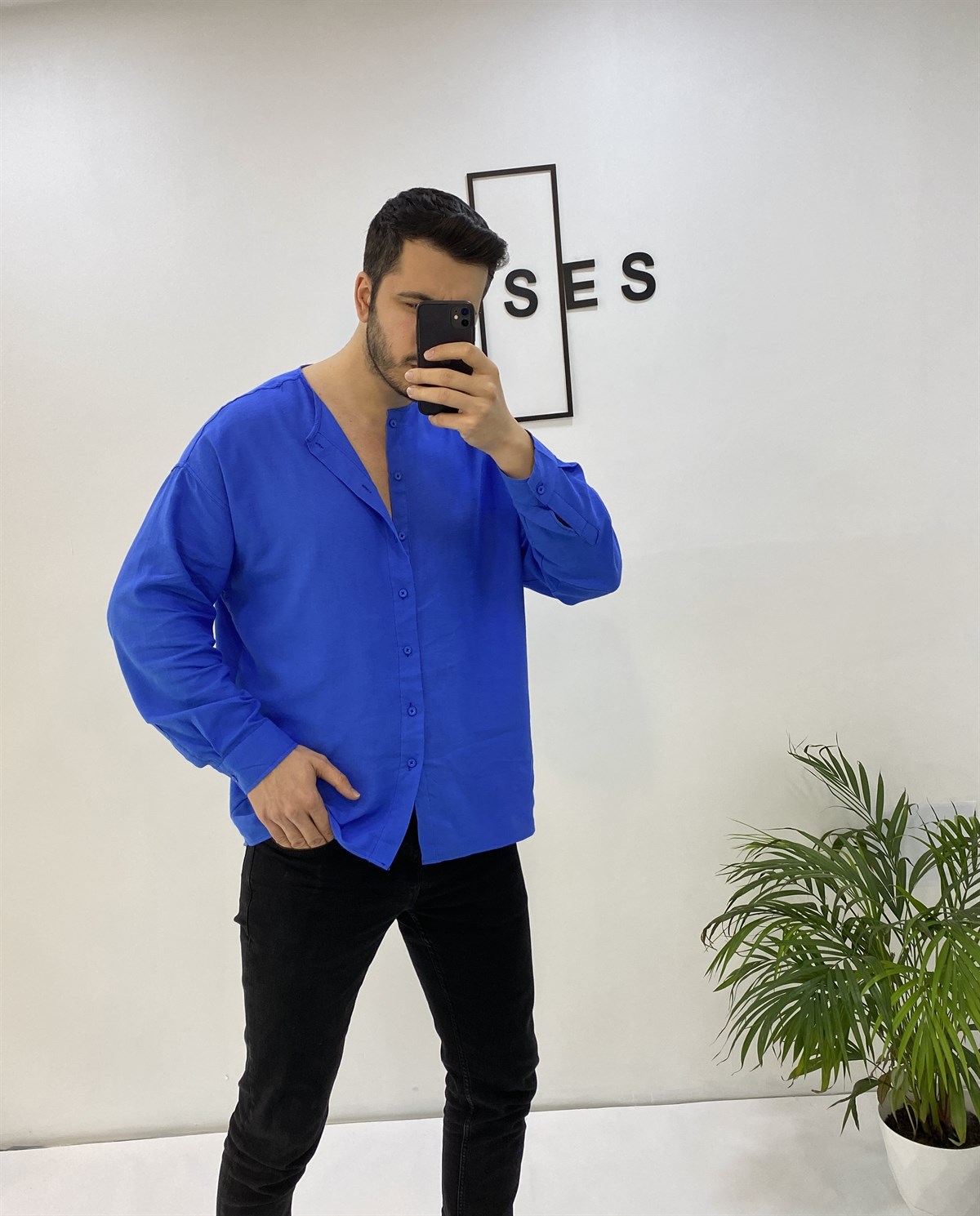Sıfır Yaka Saks Oversize Keten Gömlek 