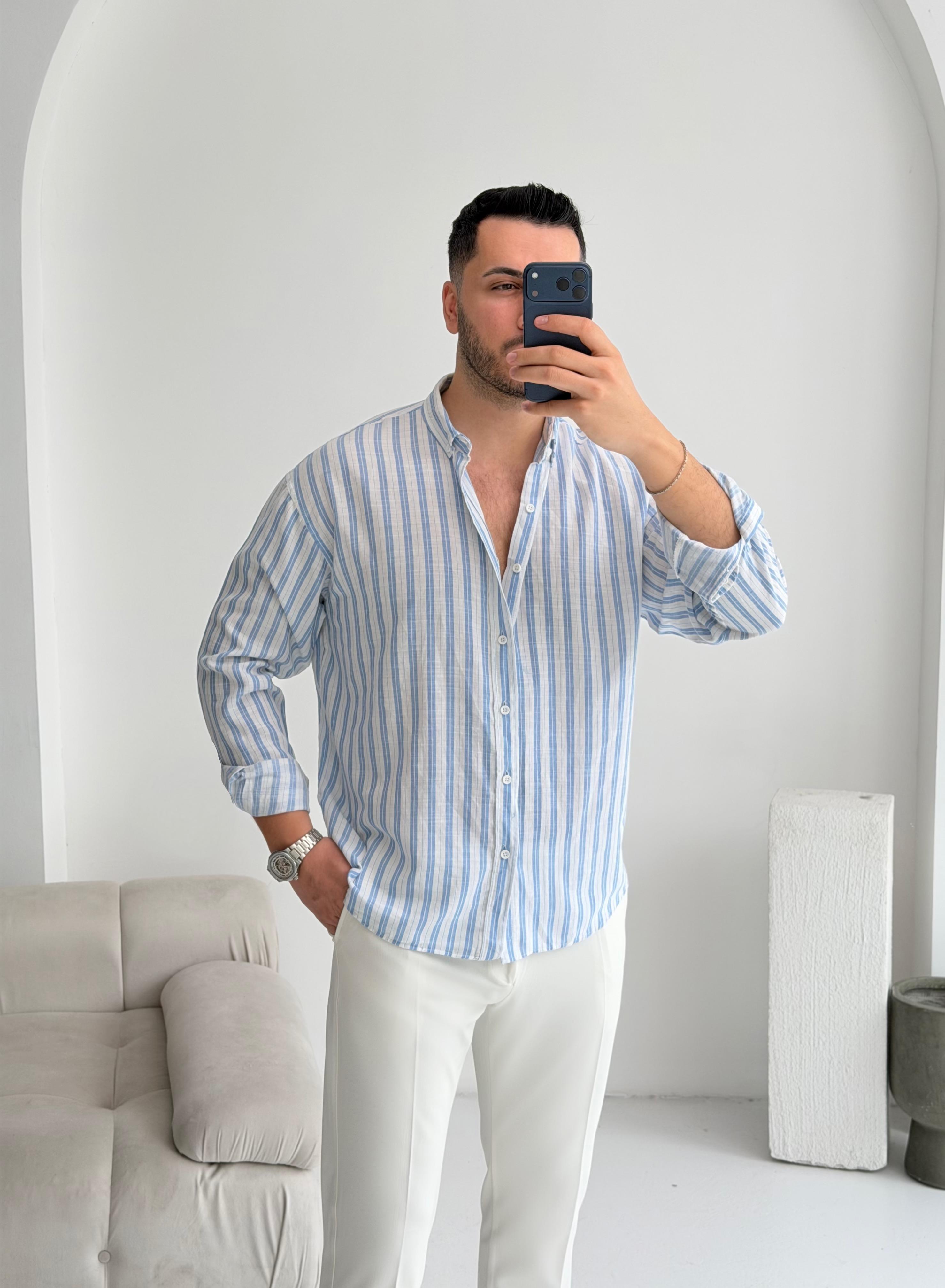 Silver Keten Açık Mavi Çizgili Oversize Gömlek