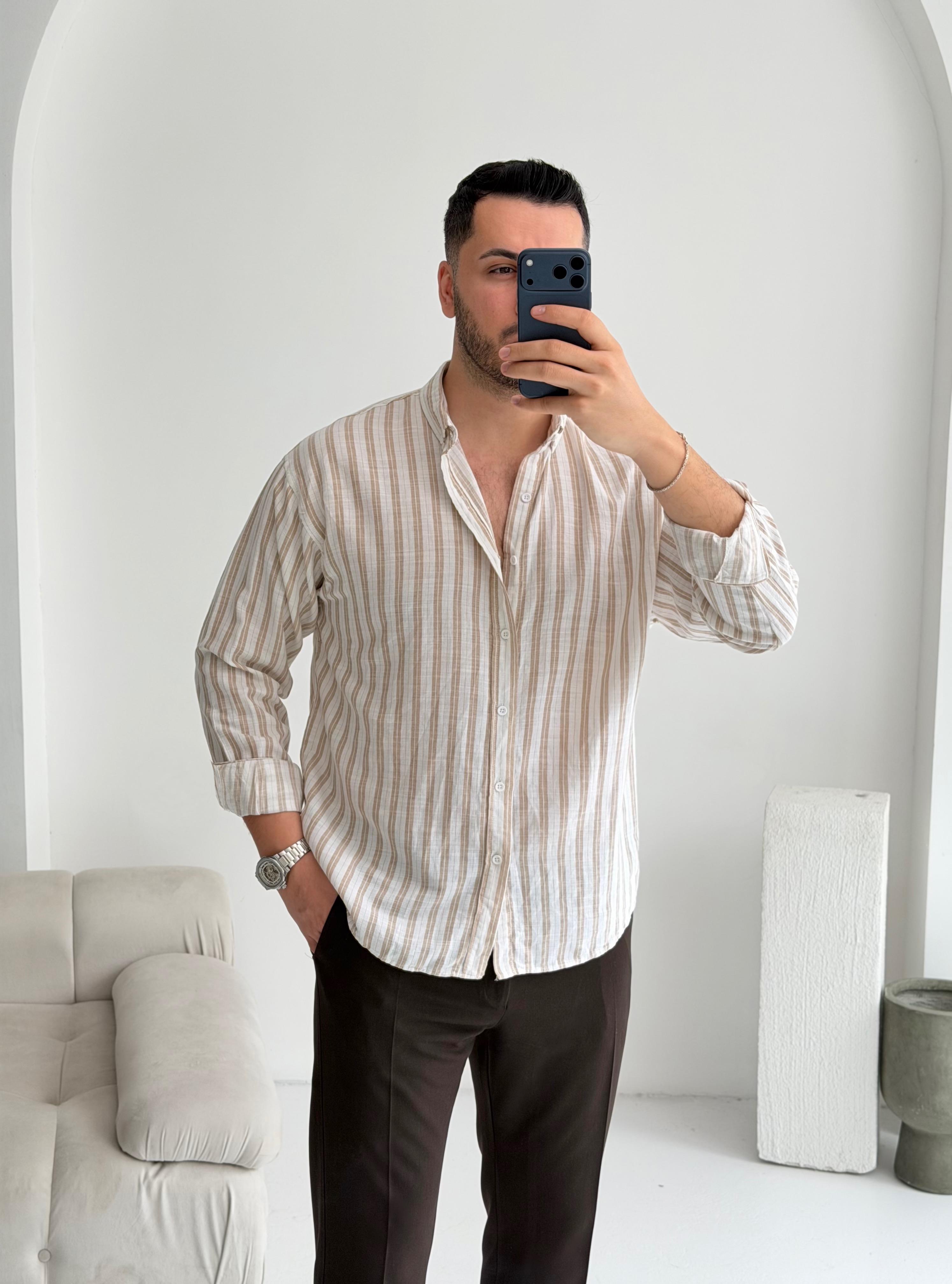 Silver Keten Kahve Çizgili Oversize Gömlek