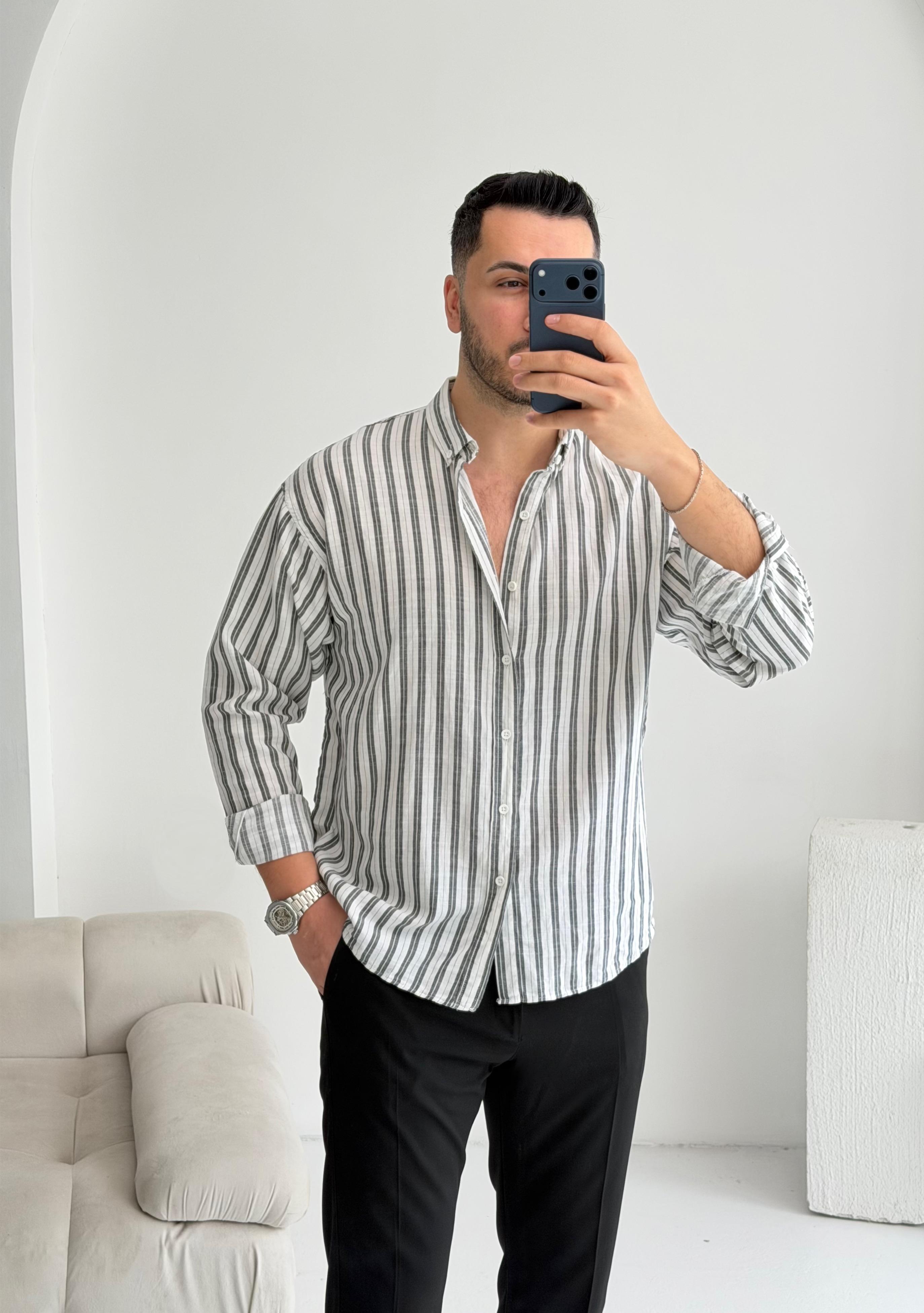 Silver Keten Siyah Çizgili Oversize Gömlek