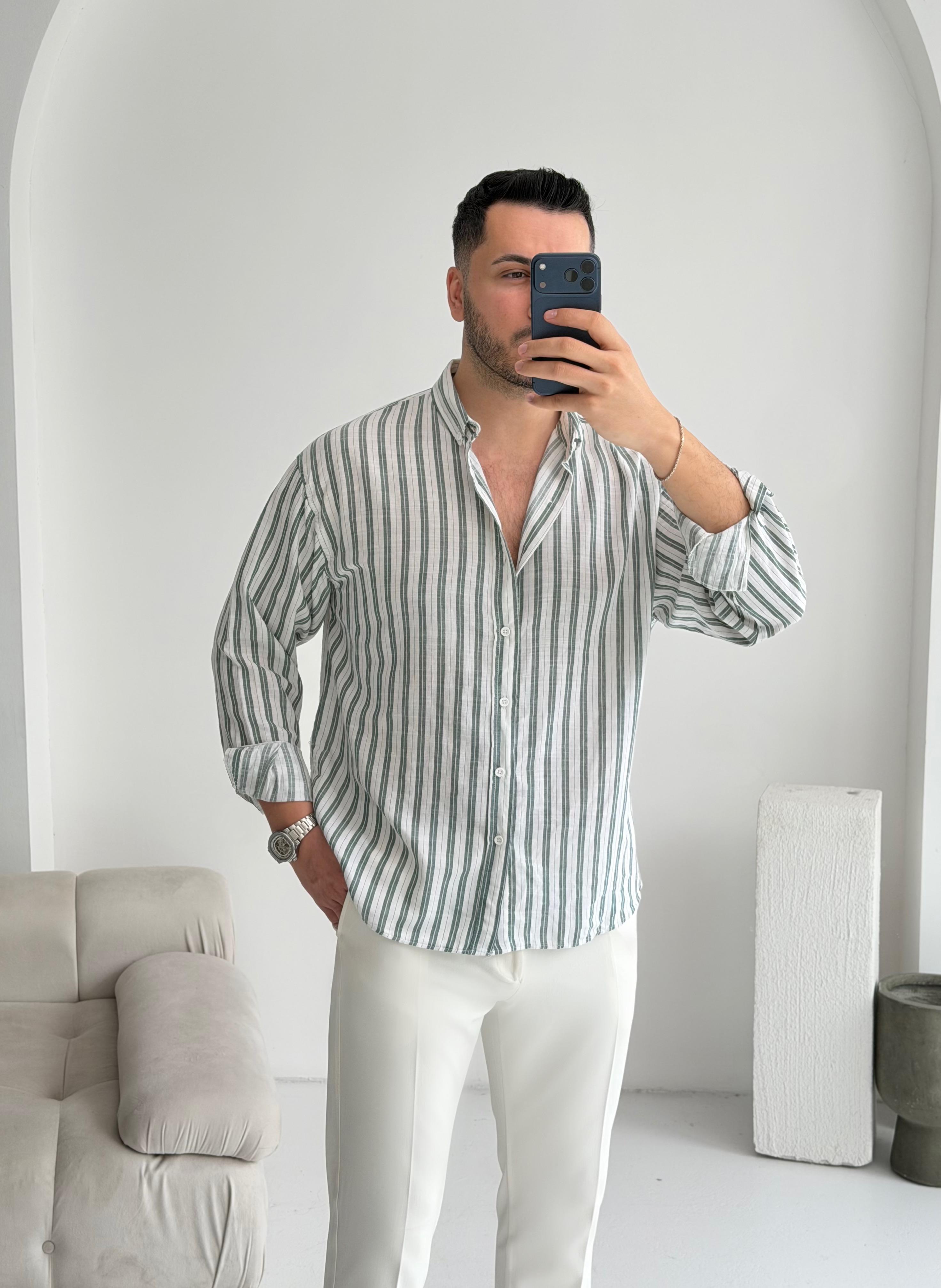 Silver Keten Yeşil Çizgili Oversize Gömlek