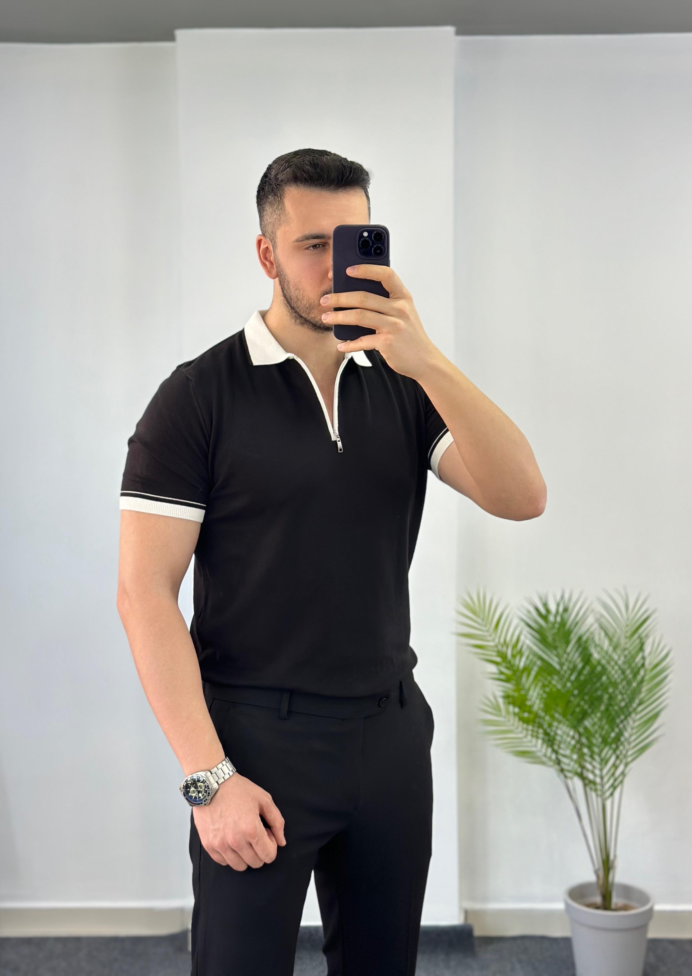 Siyah Beyaz Fermuarlı Triko Tişört