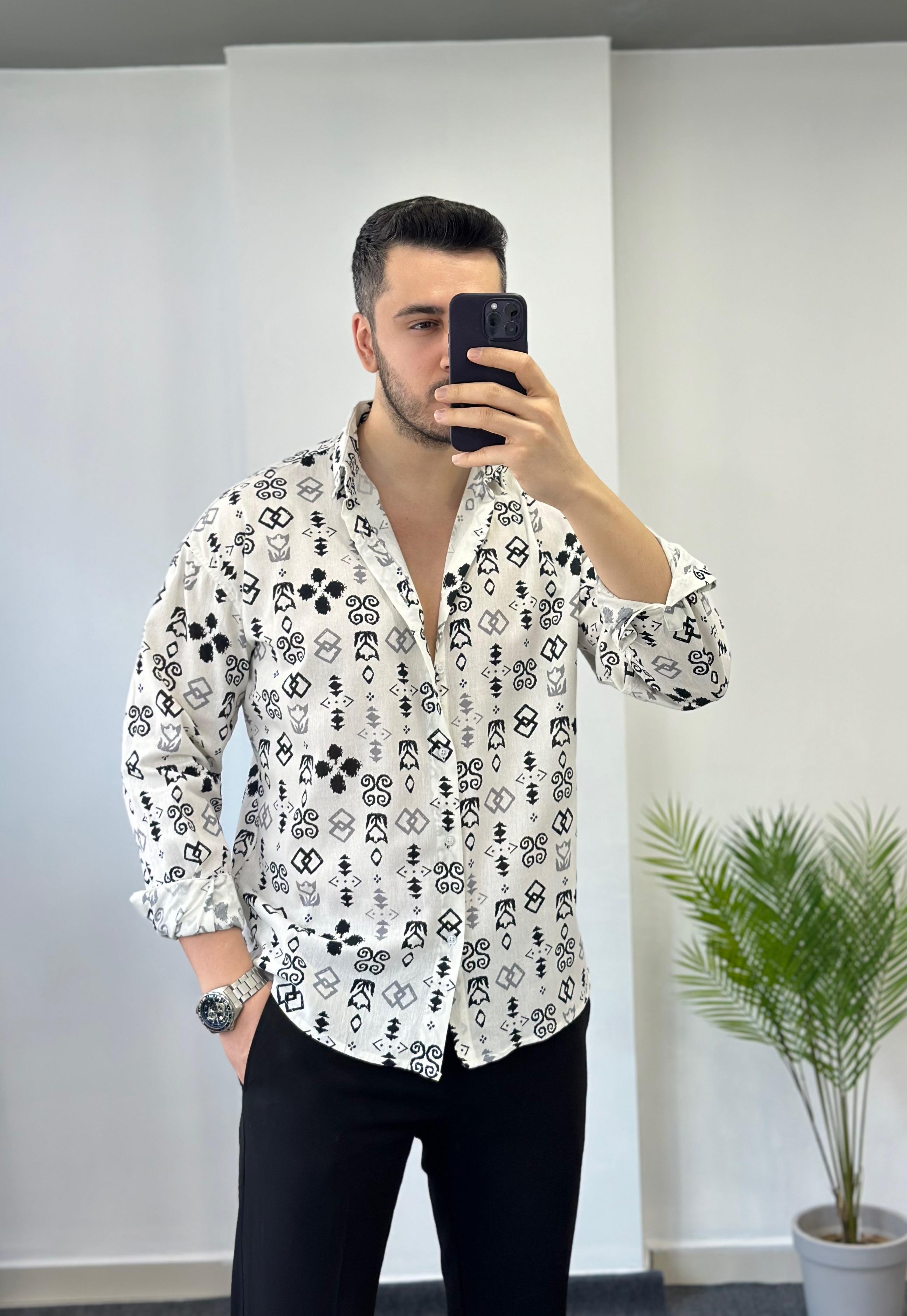 Siyah Desen Oversize Keten Gömlek