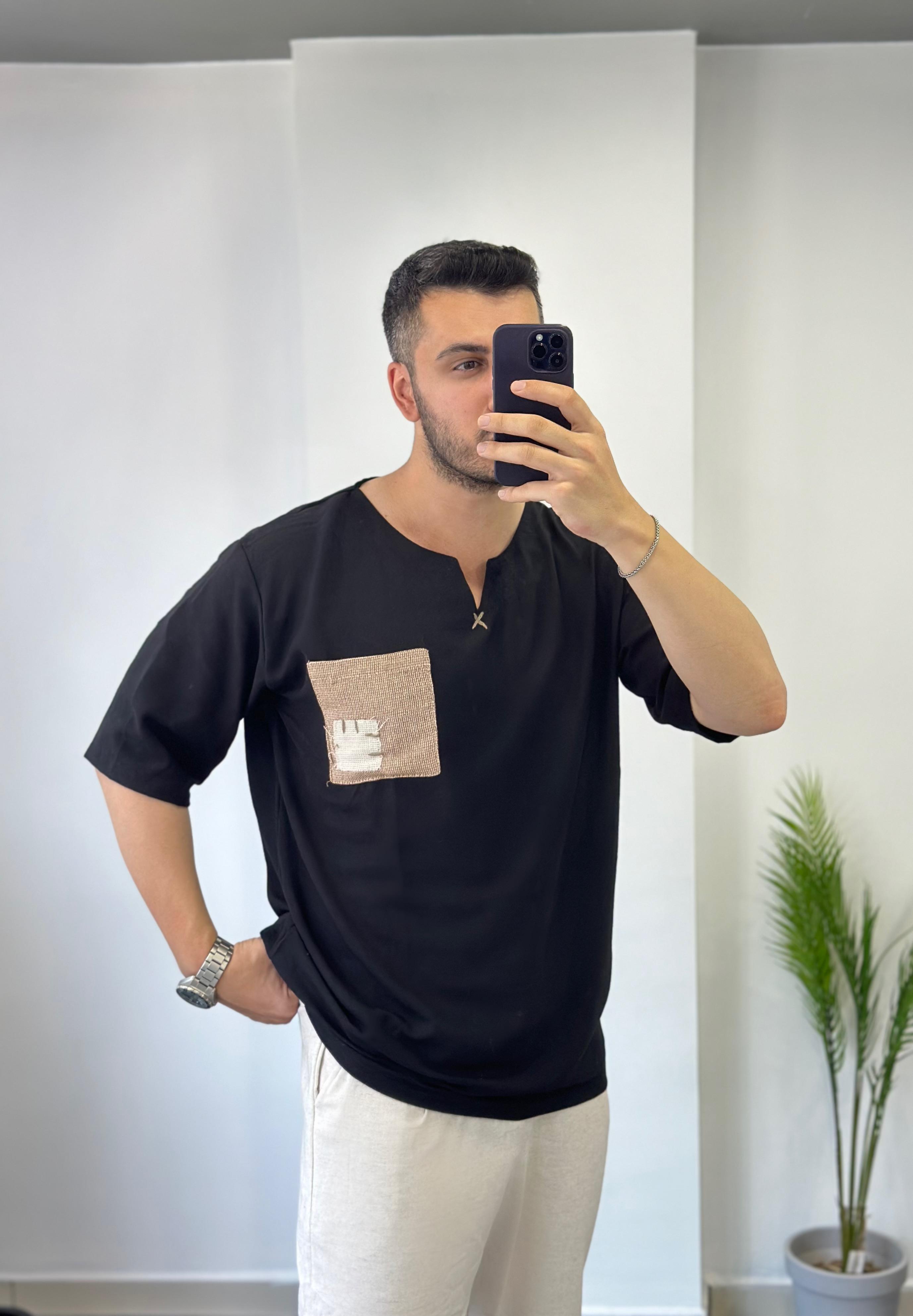 Siyah Etnik Bohem Oversize Keten Tişört 