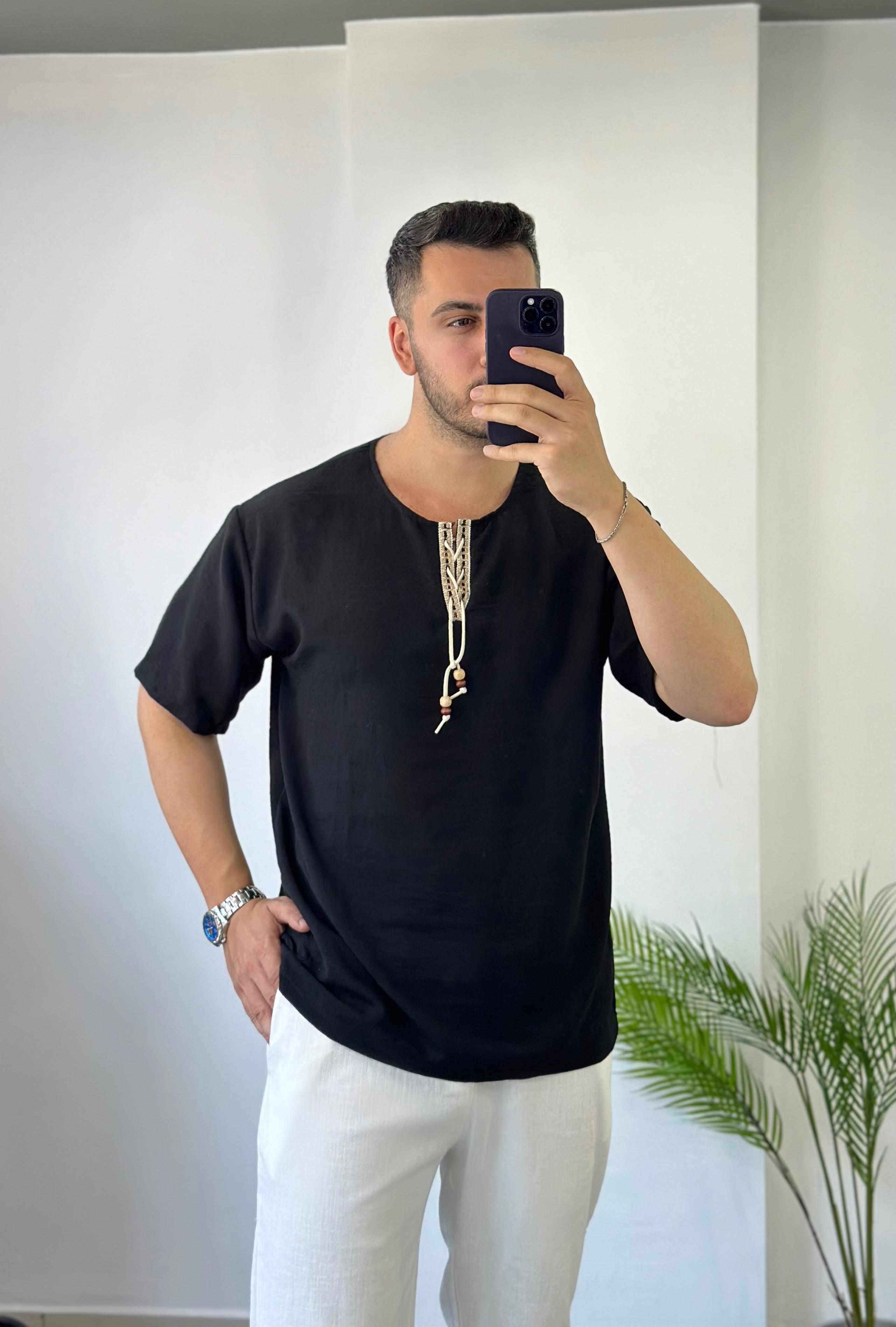 Siyah Hasır İp Detay Bohem Tişört 