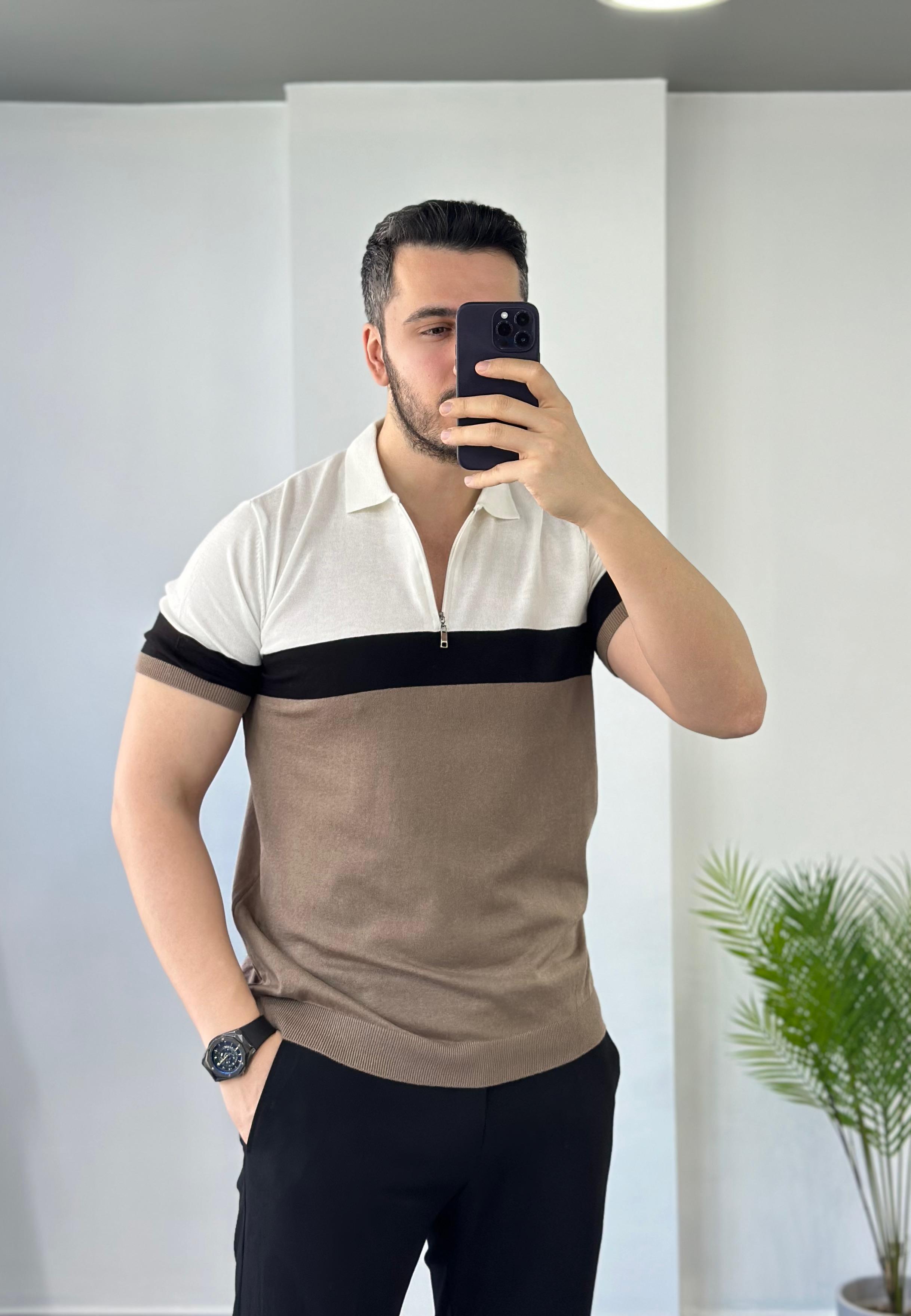 Siyah Kahve Desen Fermuarlı Triko Tişört 