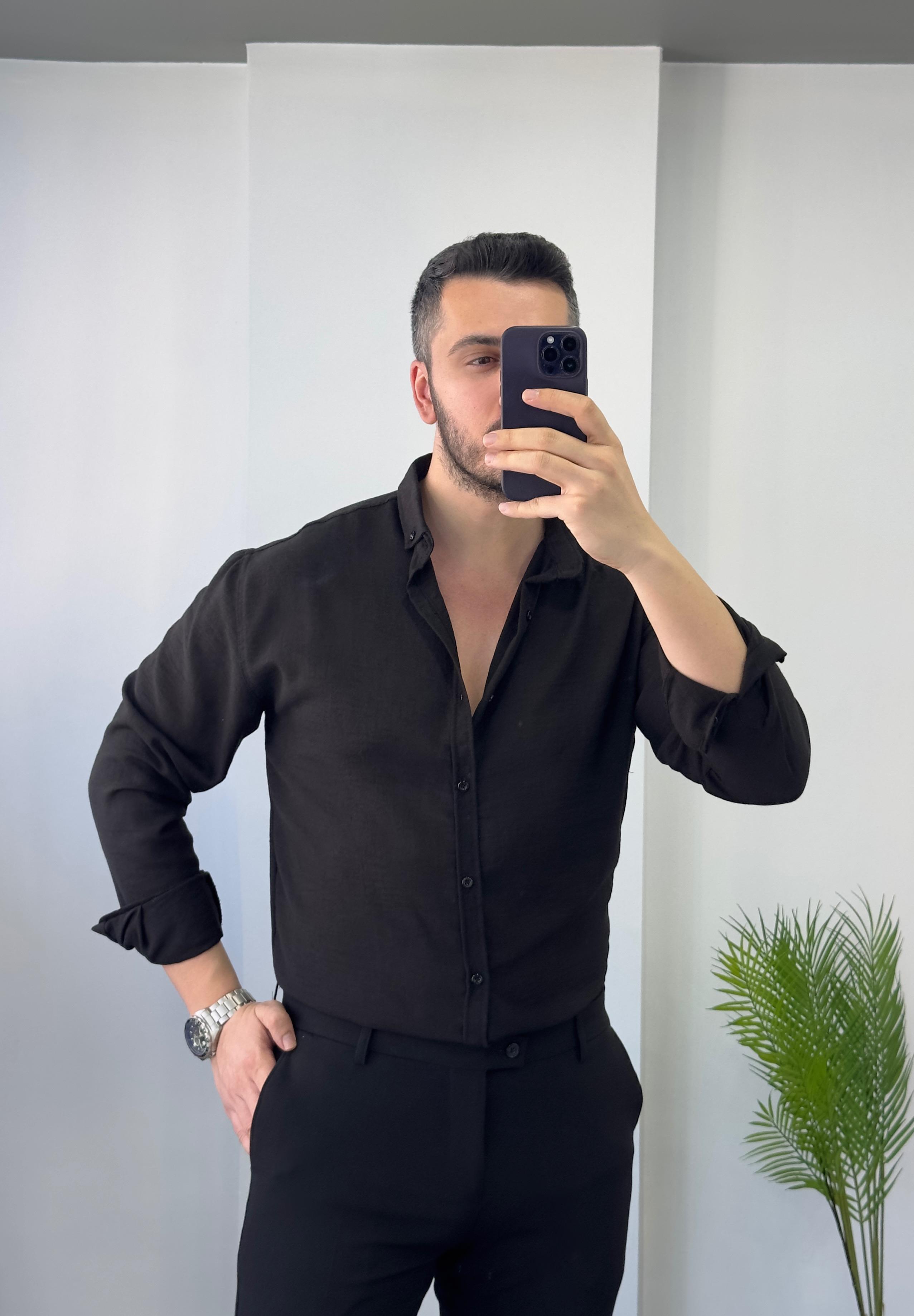 Siyah Yarım Oversize Keten Gömlek 