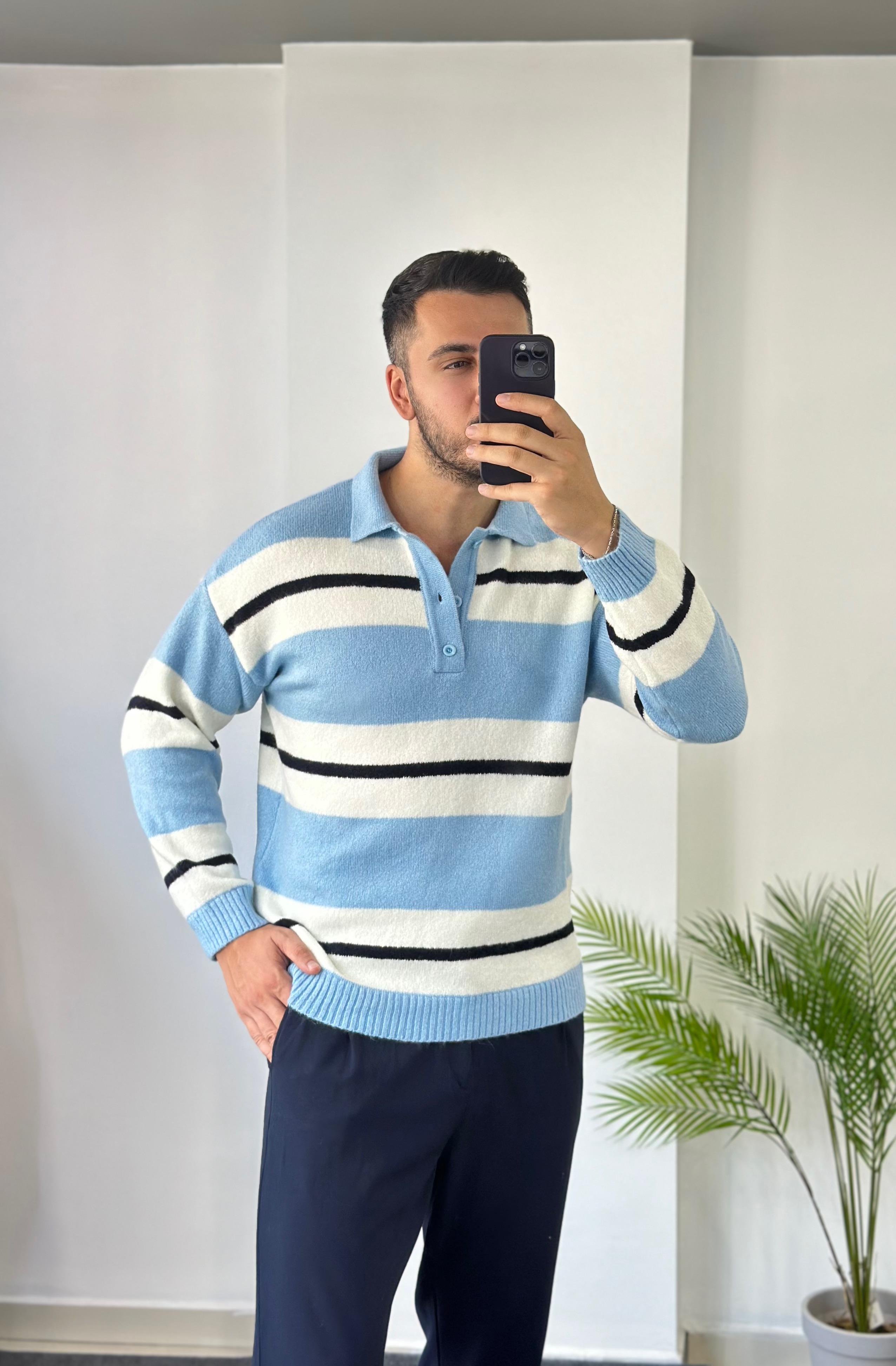 Soft Mavi Siyah Çizgi Düğmeli Kazak