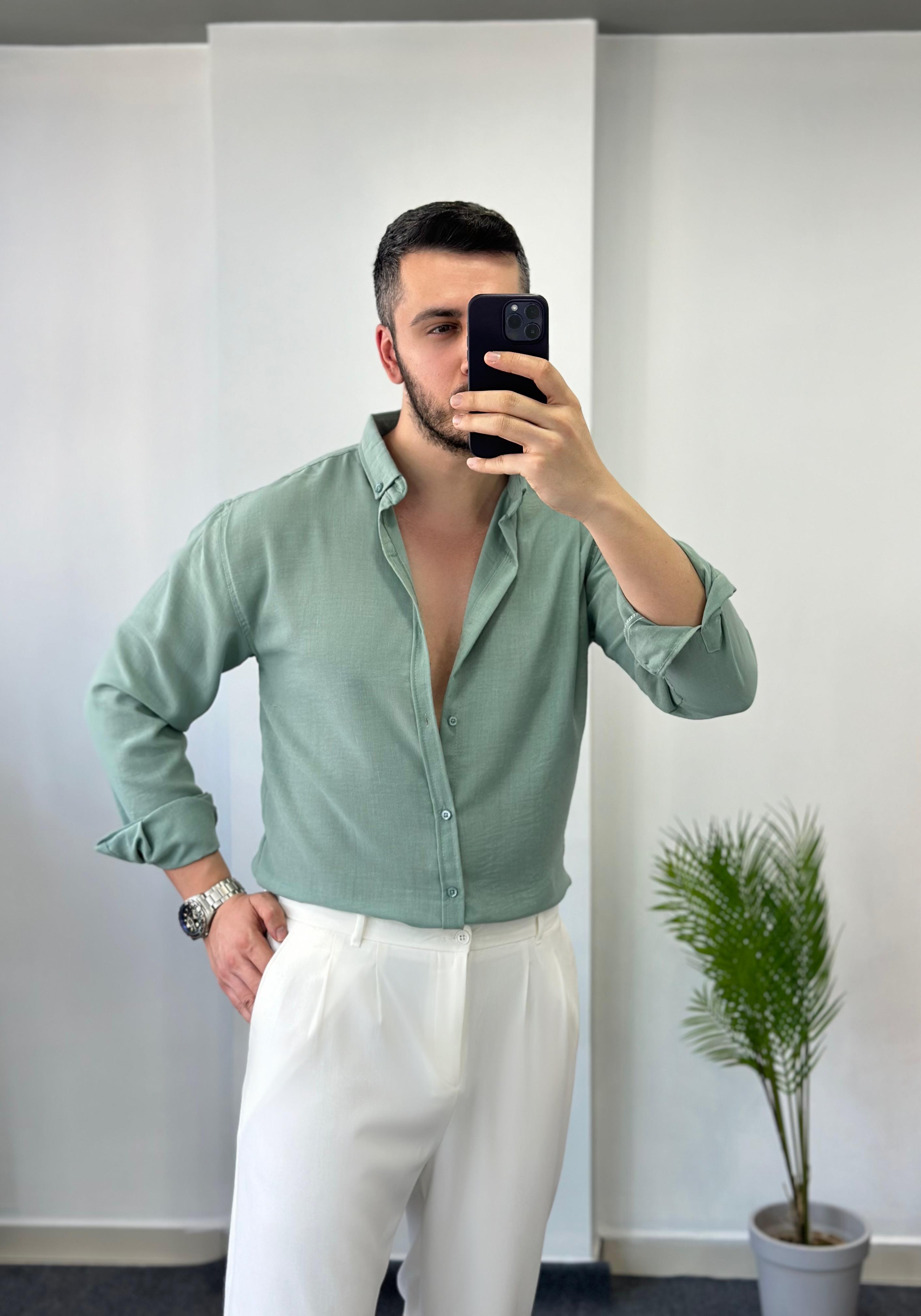 Su Yeşili Yarım Oversize Keten Gömlek 