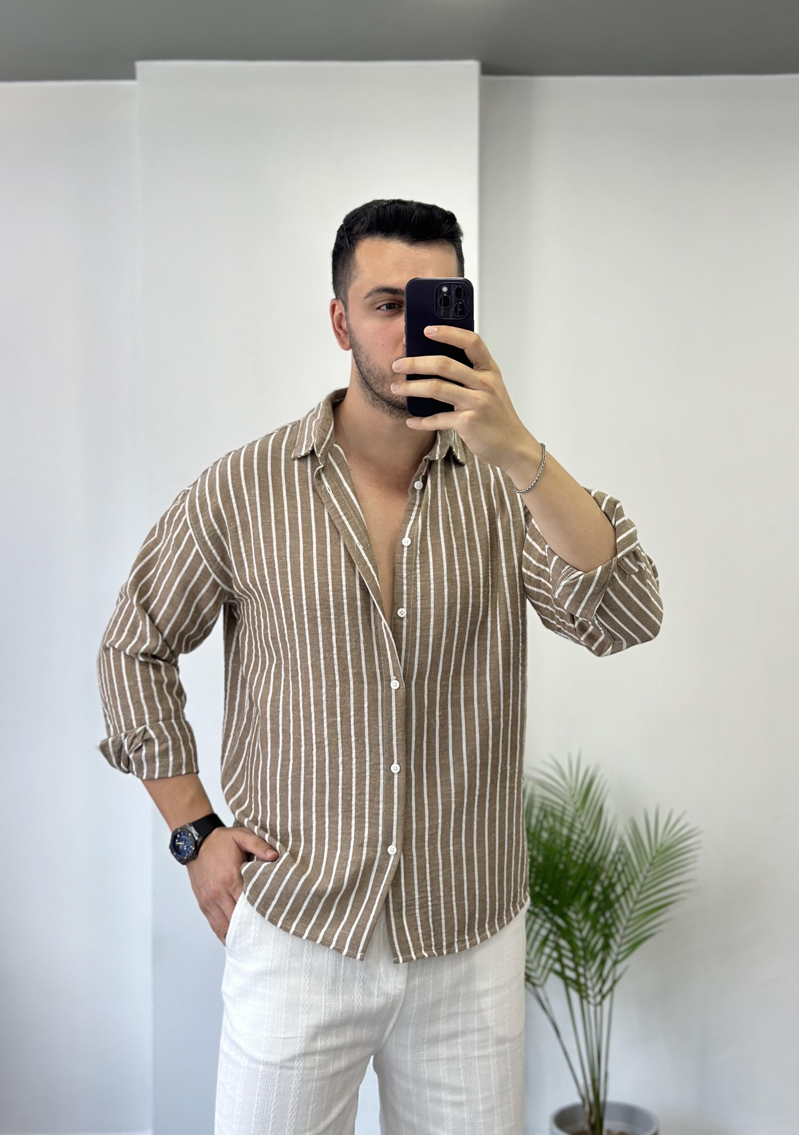 Sütlü Kahve Beyaz Çizgi Oversize Keten Gömlek 