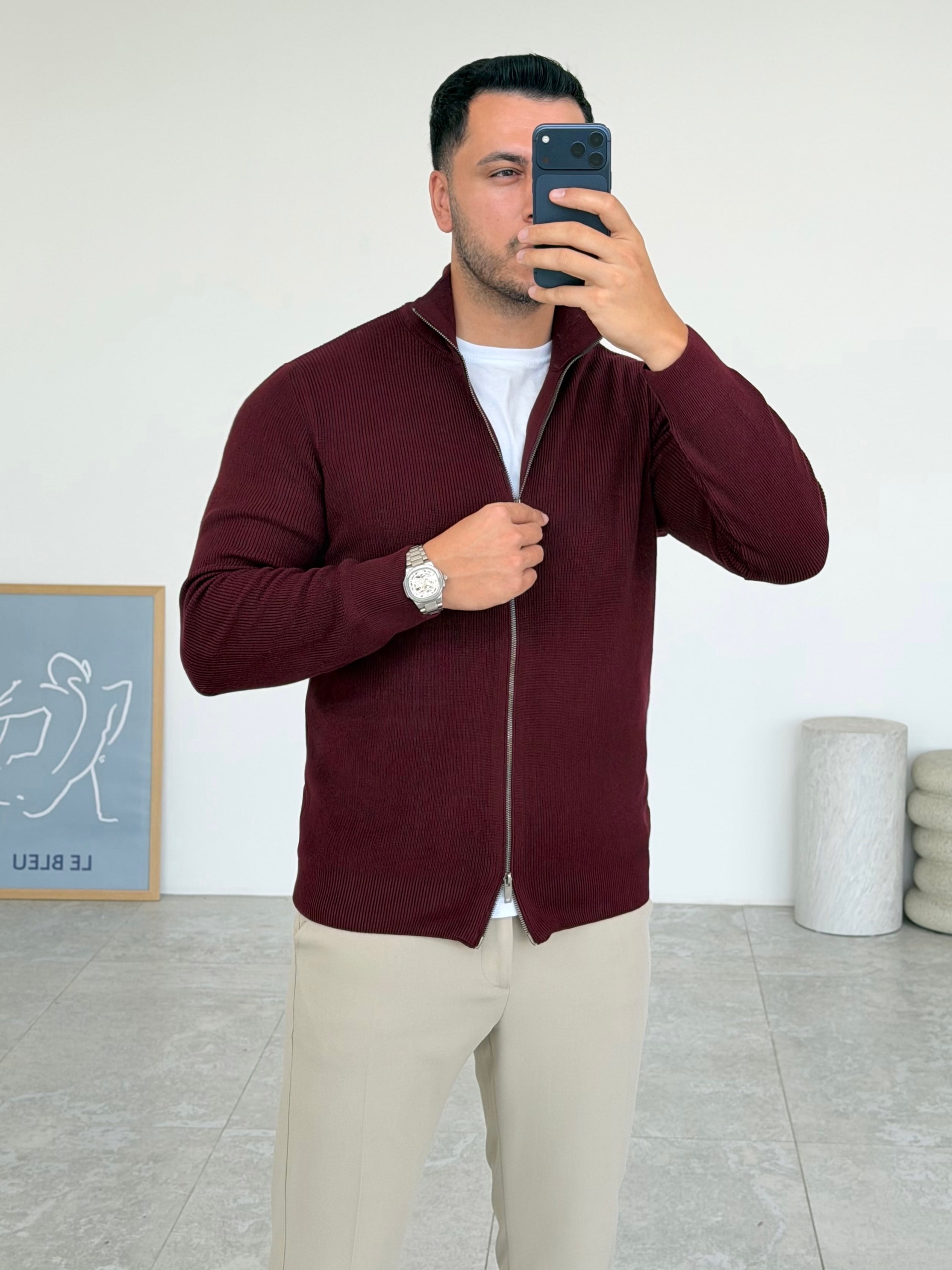 Tam Çift Fermuarlı Bordo Hırka
