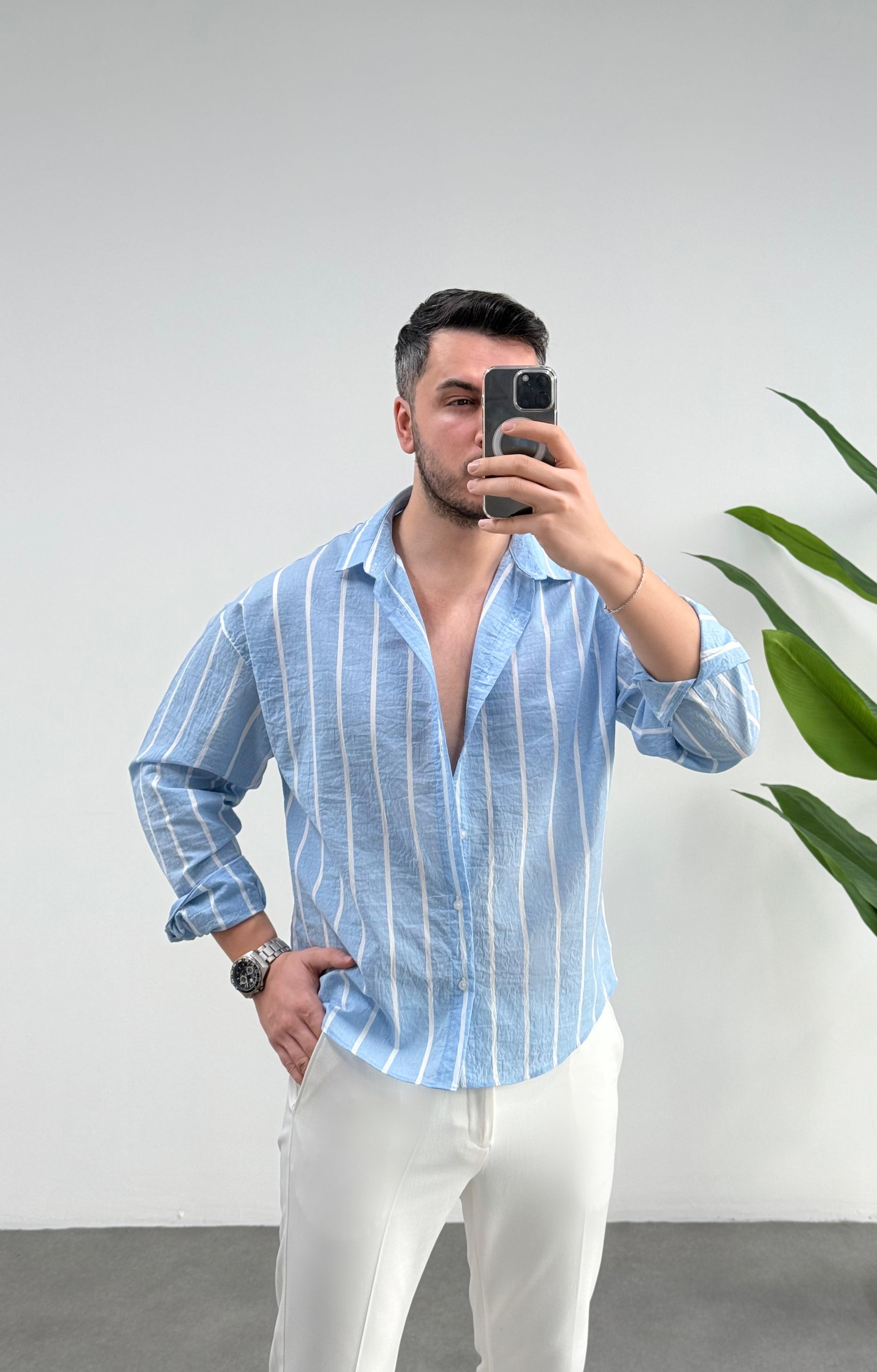 Tensel Bebe Mavi Çizgili Oversize Gömlek 
