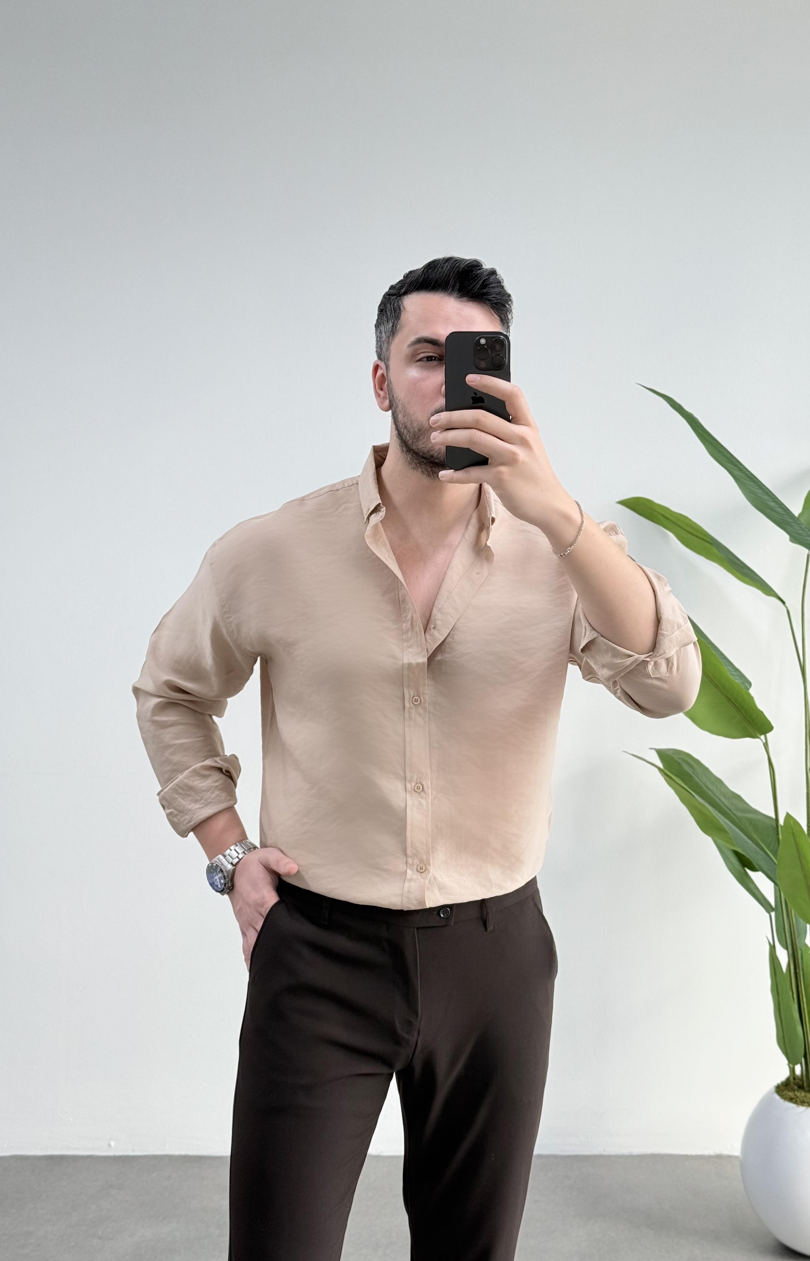 Tensel Bej Oversize Gömlek 