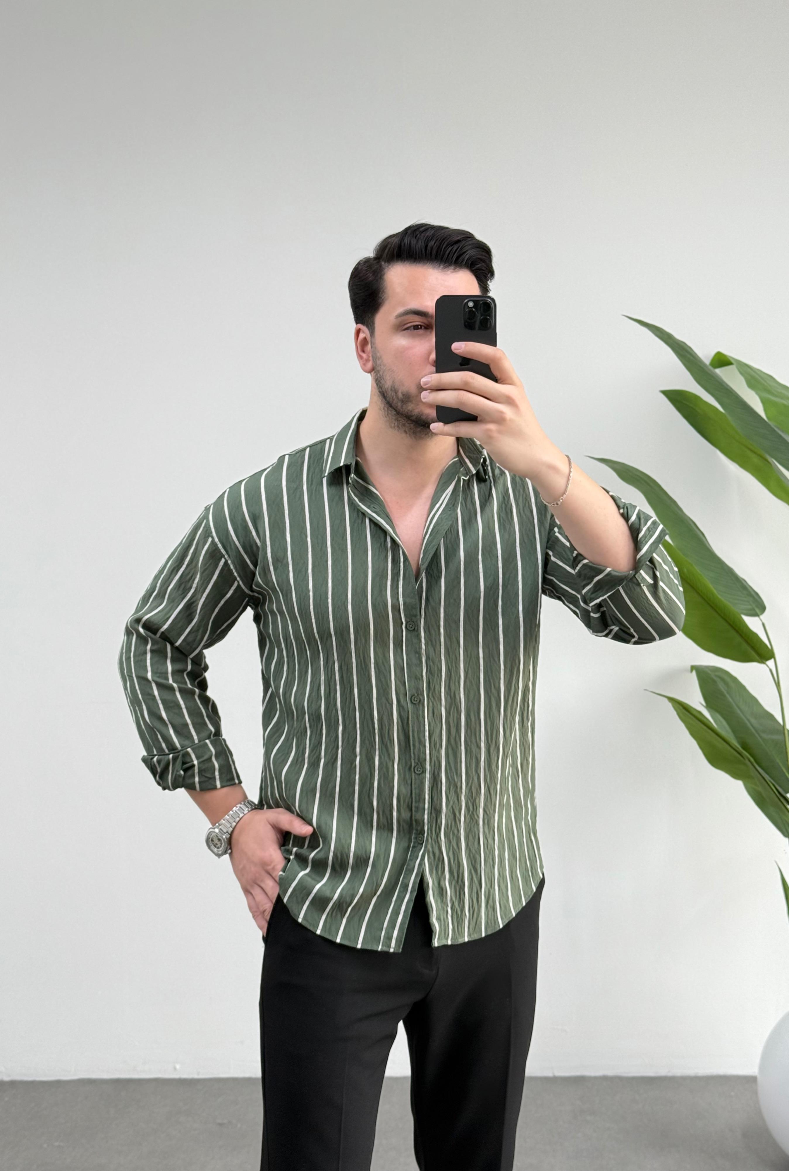 Tensel Haki Çizgili Oversize Gömlek