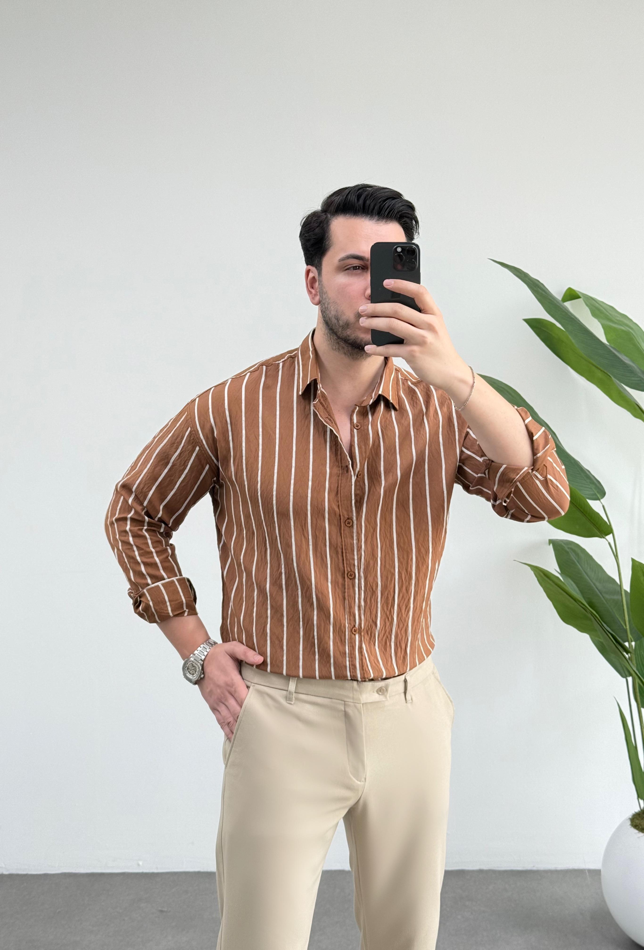 Tensel Kahve Çizgili Oversize Gömlek 