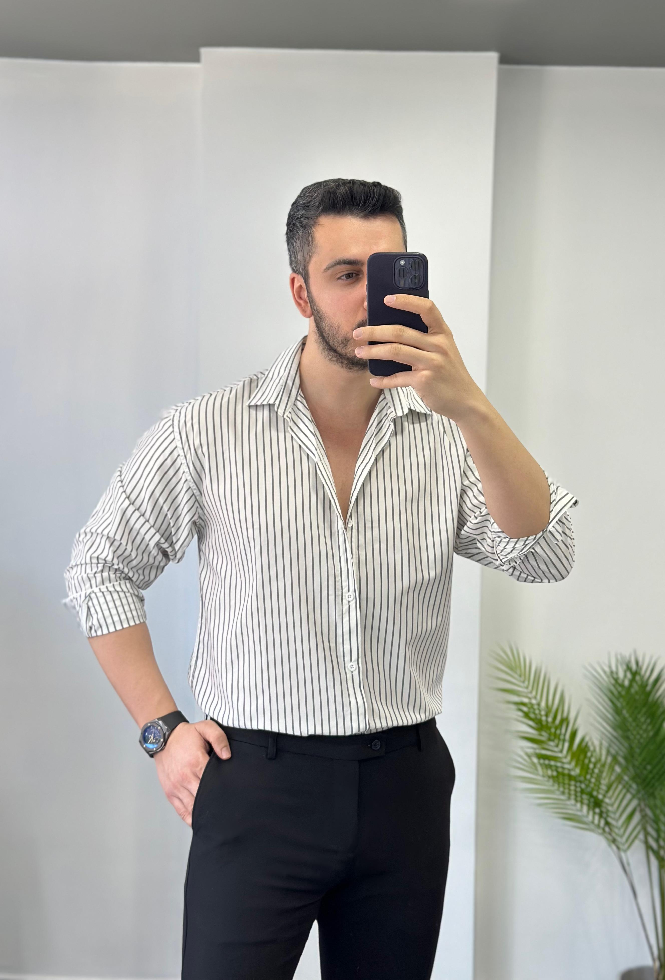 Terry Cotton Beyaz Çizgili Oversize Gömlek