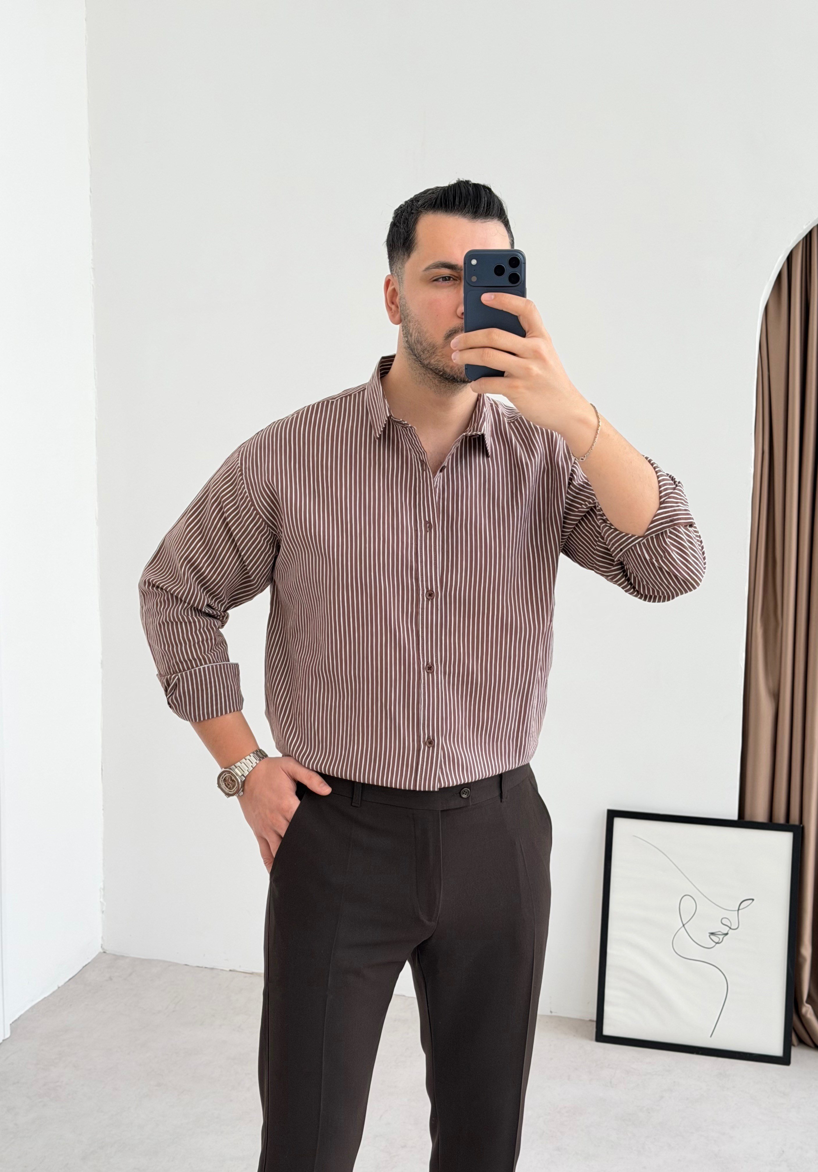 Titanyum Kahve Çizgili Oversize Gömlek