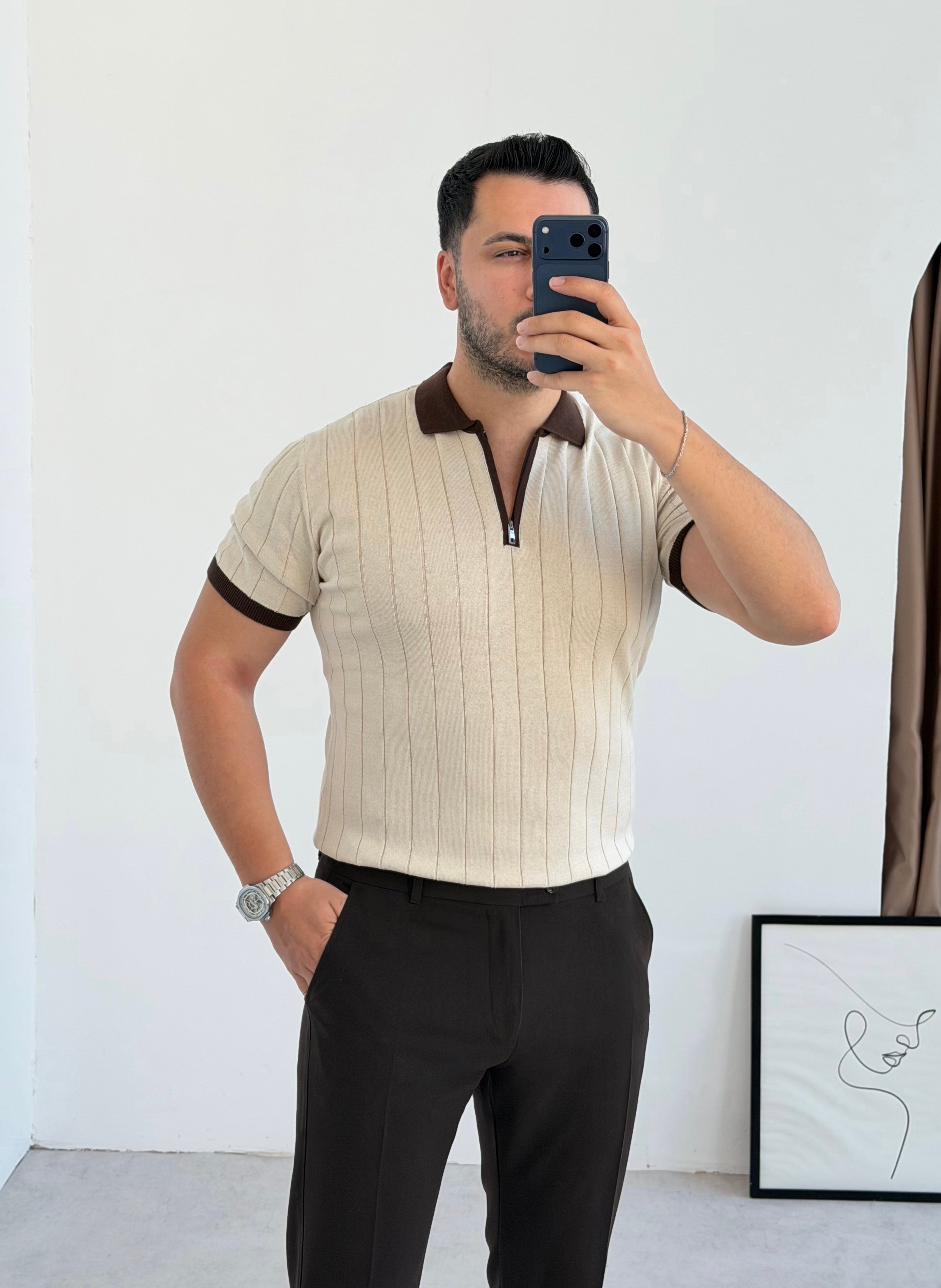 Valentino Bej Fermuarlı Örme Tişört