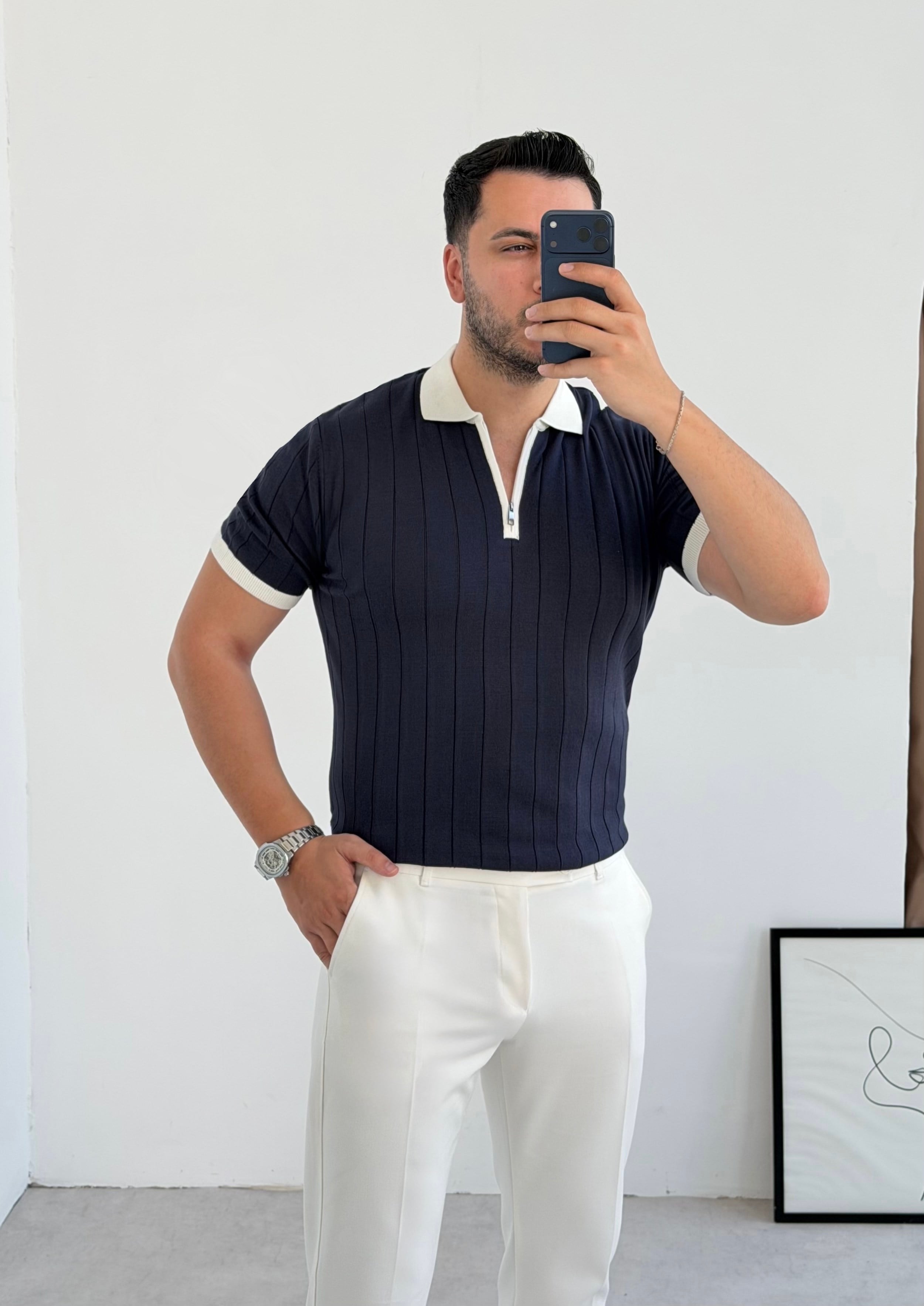 Valentino Lacivert Fermuarlı Örme Tişört