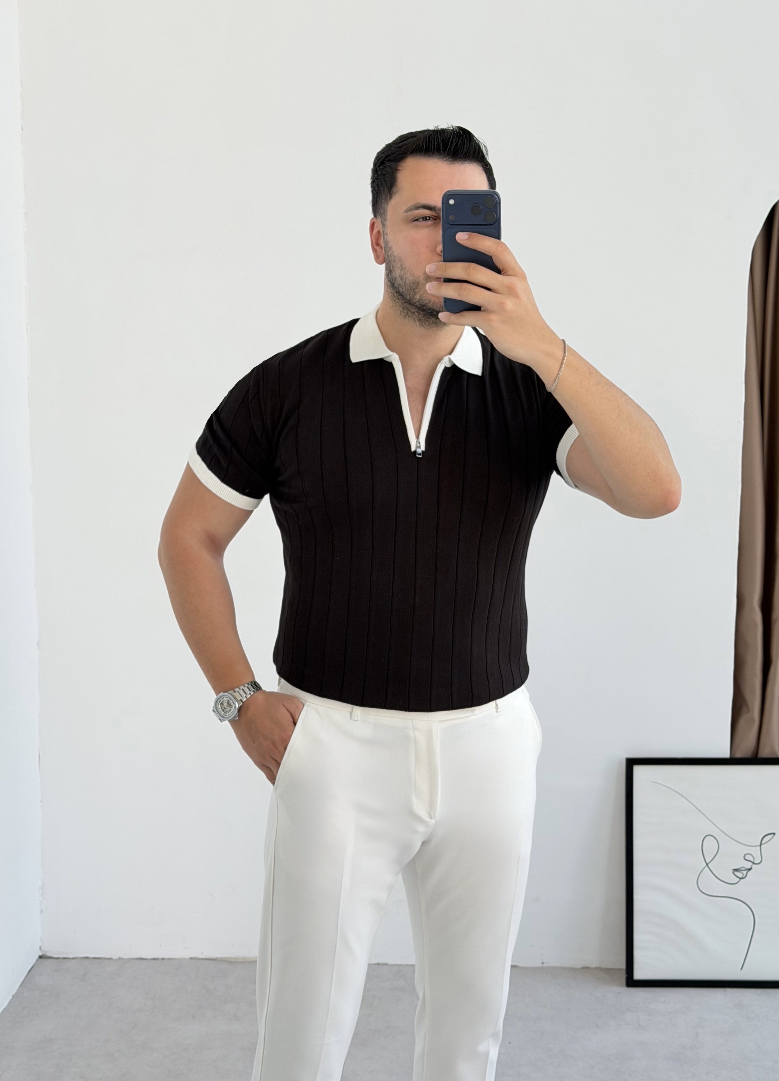 Valentino Siyah Fermuarlı Örme Tişört