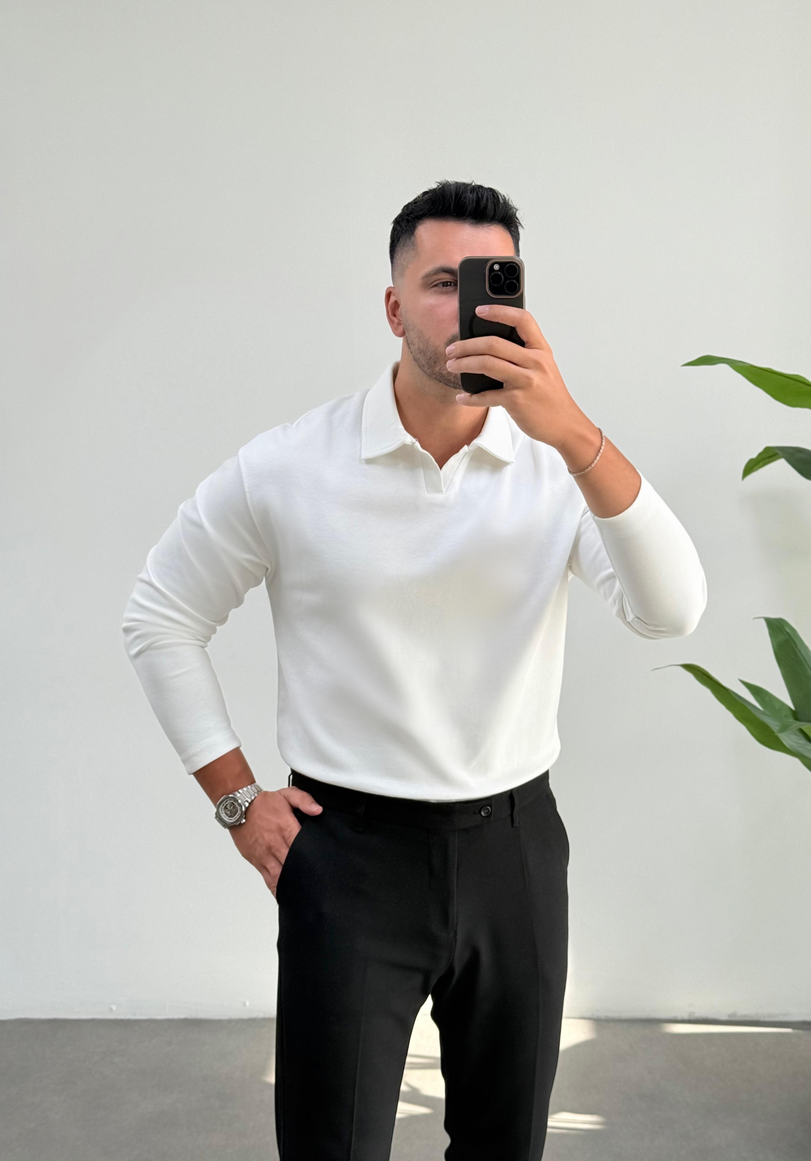 Vector Beyaz Polo Yaka Sweatshirt