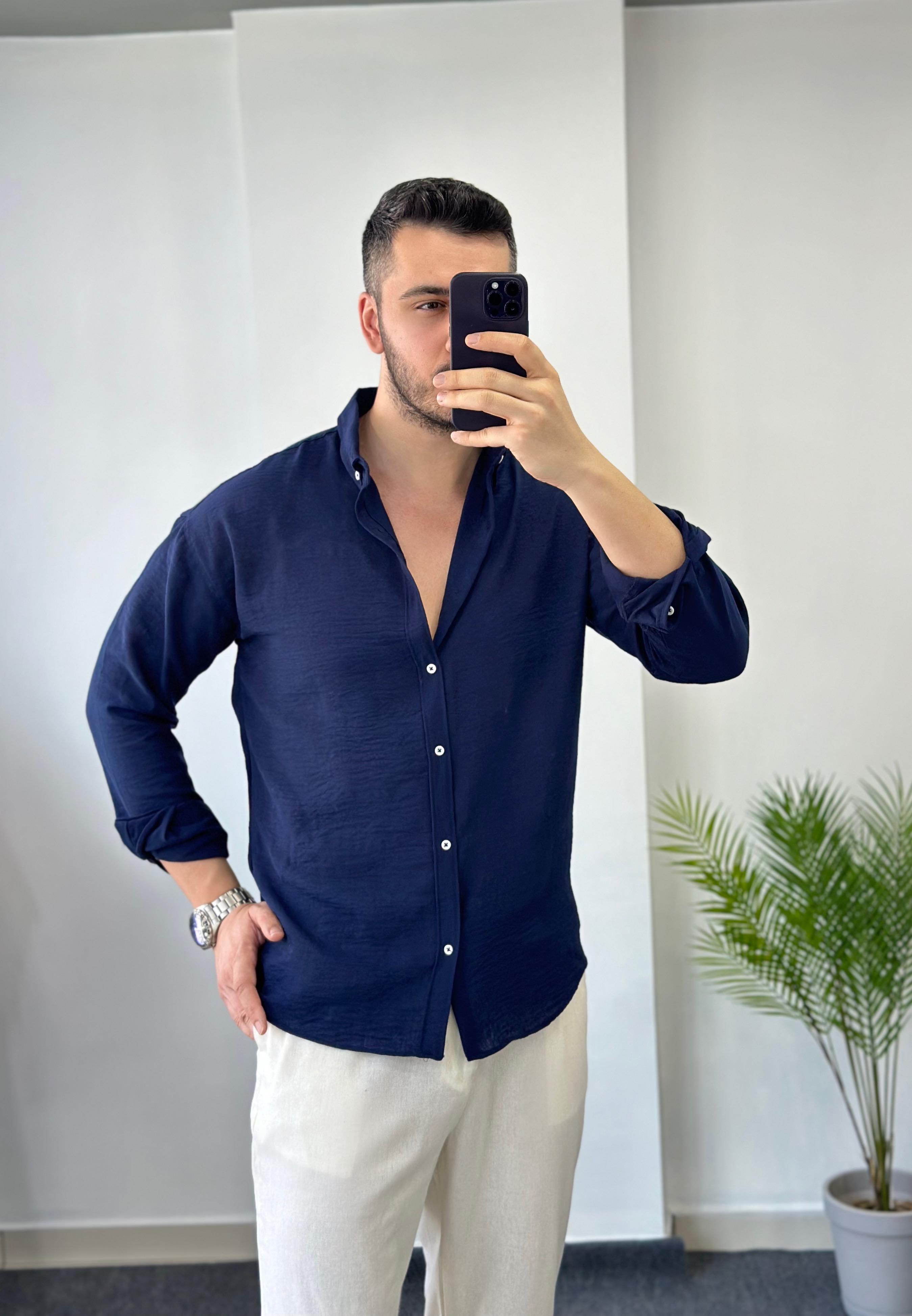 Yaka Düğme Lacivert Oversize Keten Gömlek 