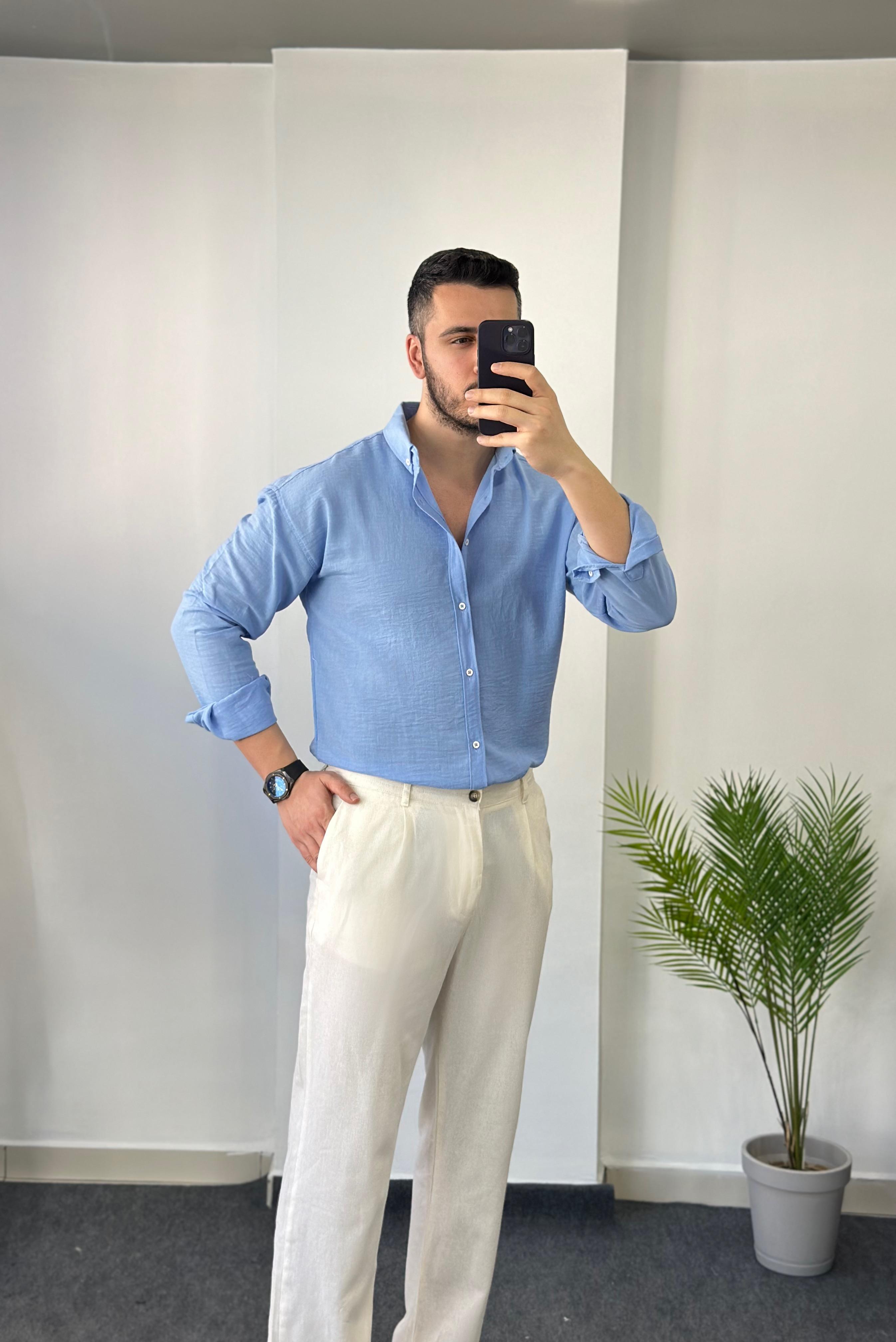 Yaka Düğmeli Mavi Oversize Keten Gömlek 