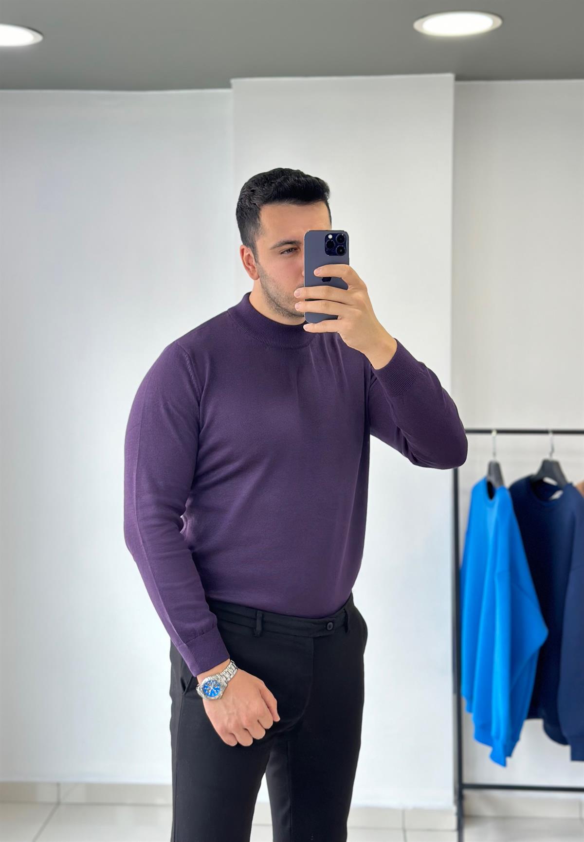 Yarım Balıkçı Eflatun Triko Kazak