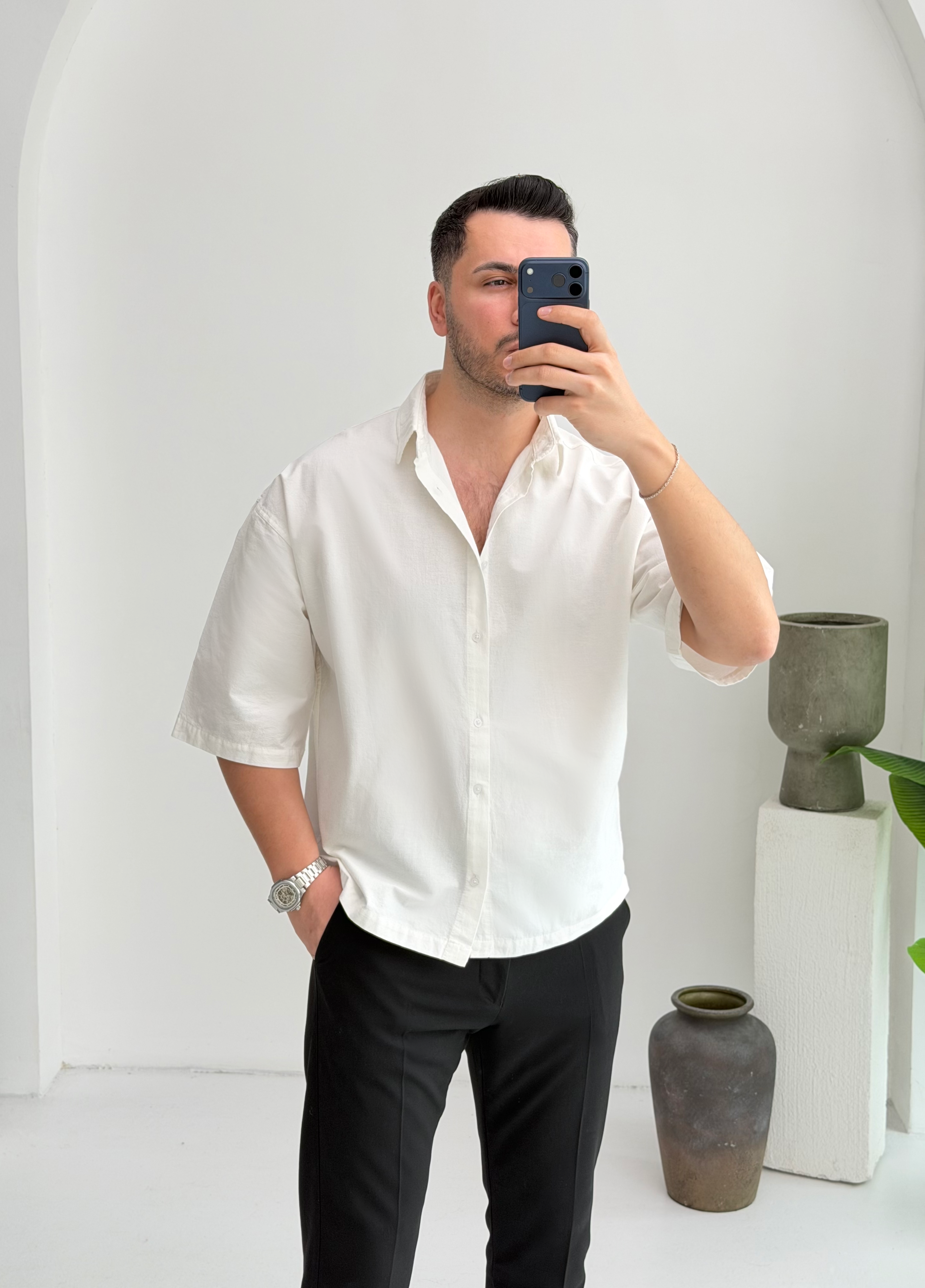 Yarım Kol Beyaz Oversize Keten Gömlek