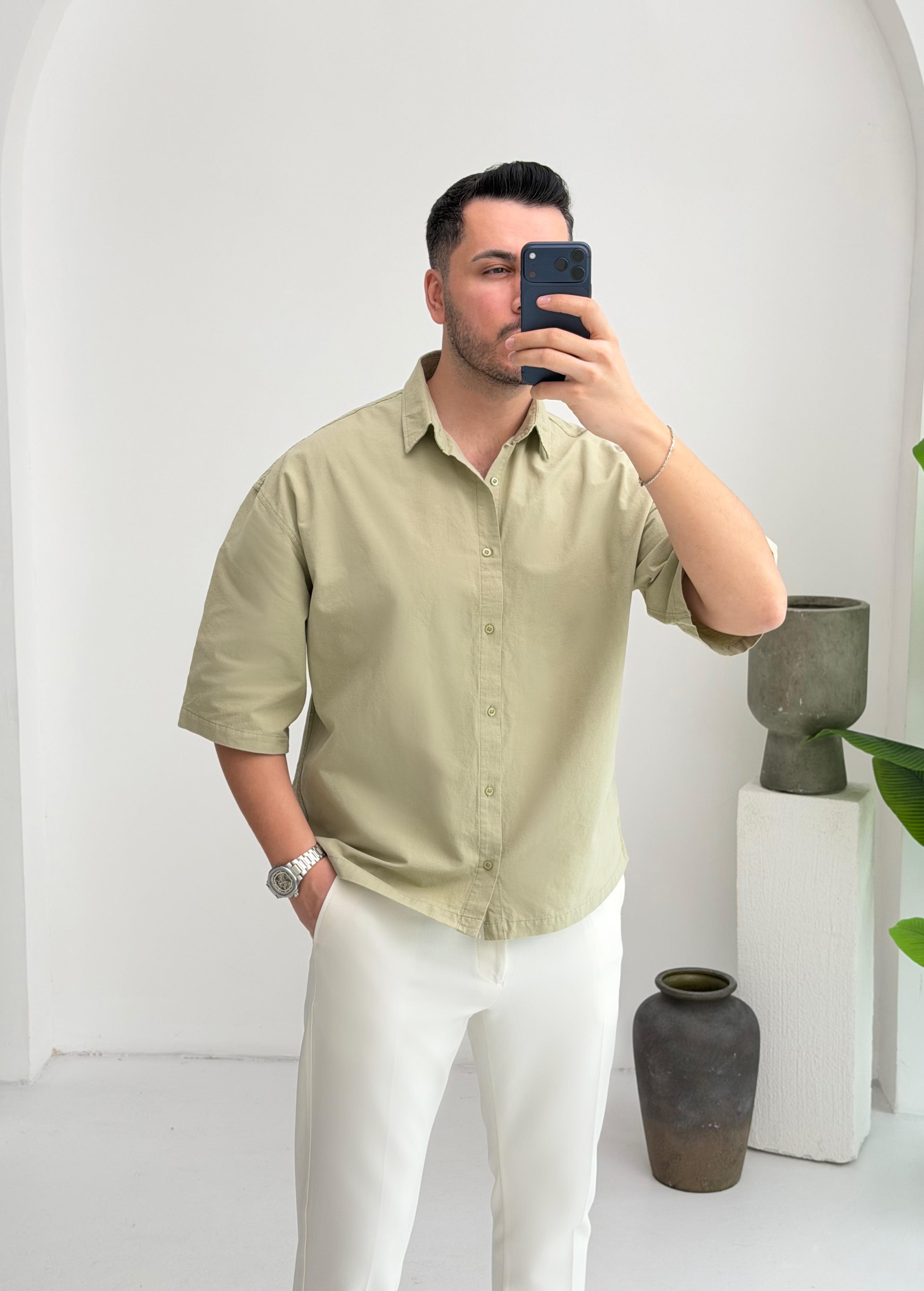 Yarım Kol Çağla Oversize Keten Gömlek