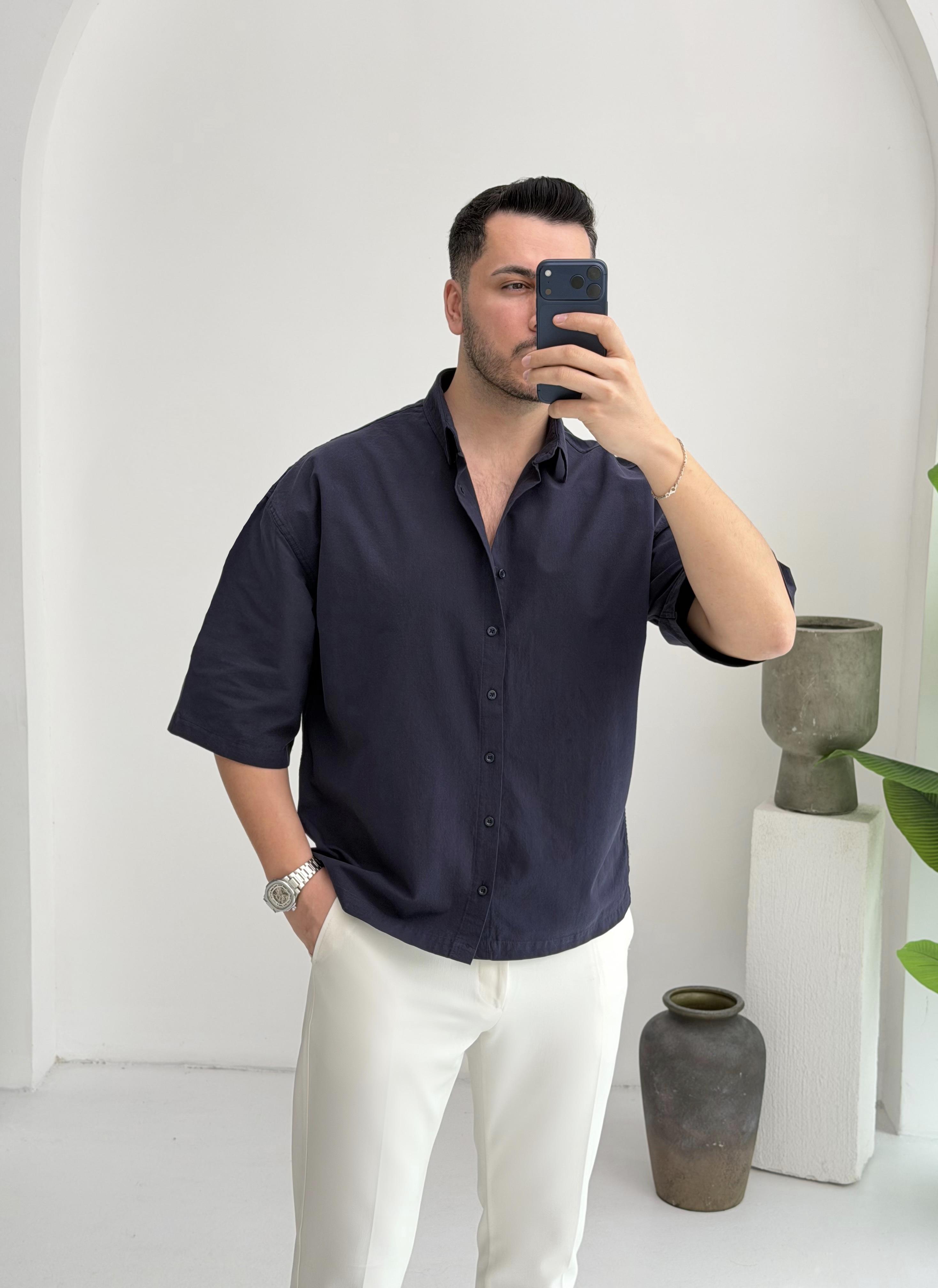Yarım Kol Lacivert Oversize Keten Gömlek