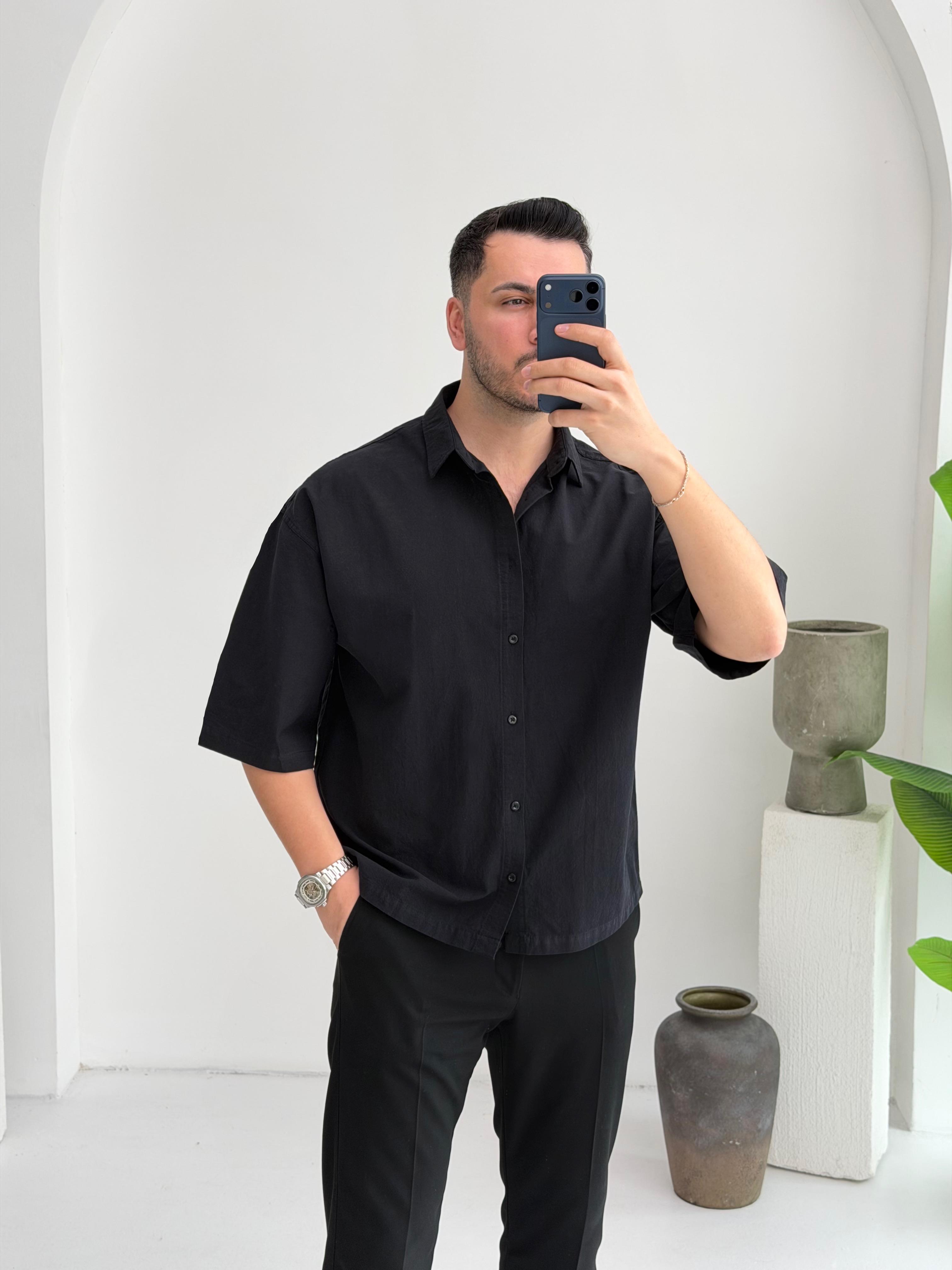 Yarım Kol Siyah Oversize Keten Gömlek