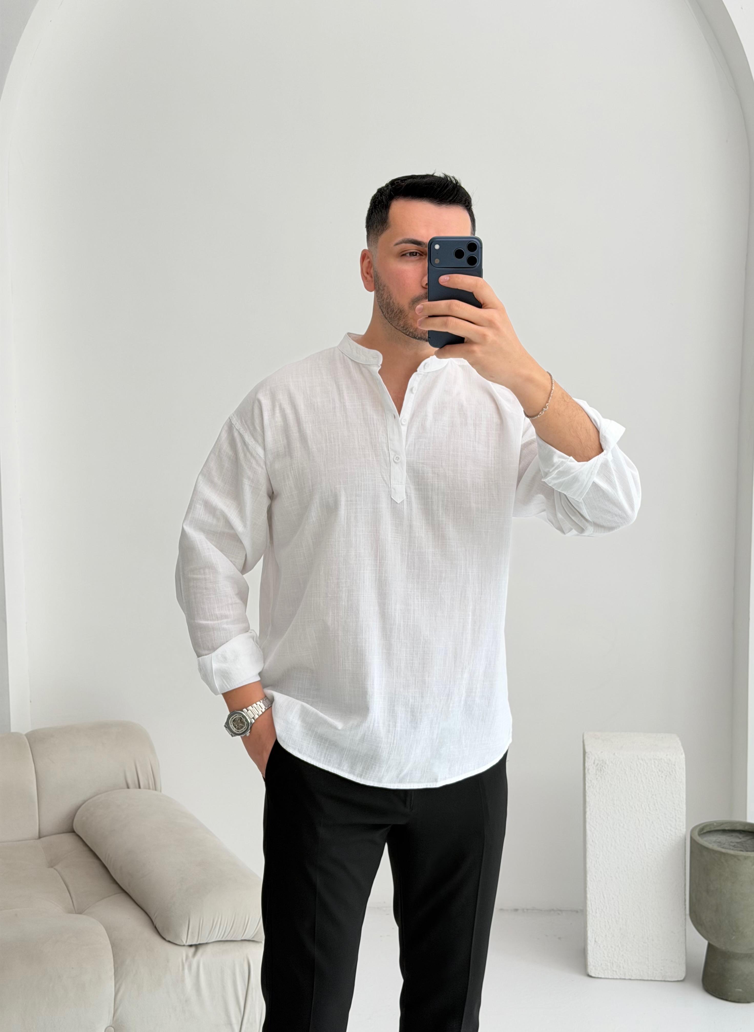 Yarım Pat Beyaz Oversize Keten Gömlek 