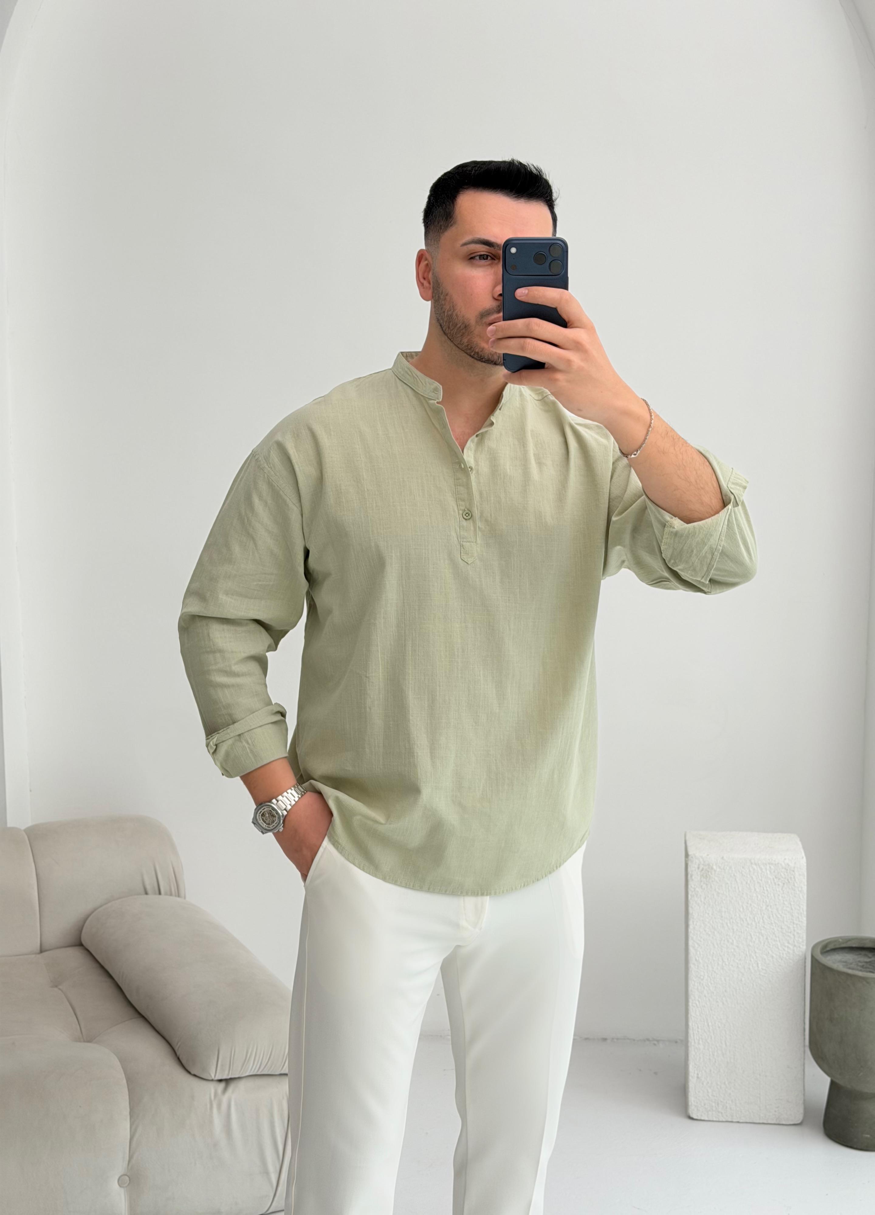 Yarım Pat Çağla Oversize Keten Gömlek 