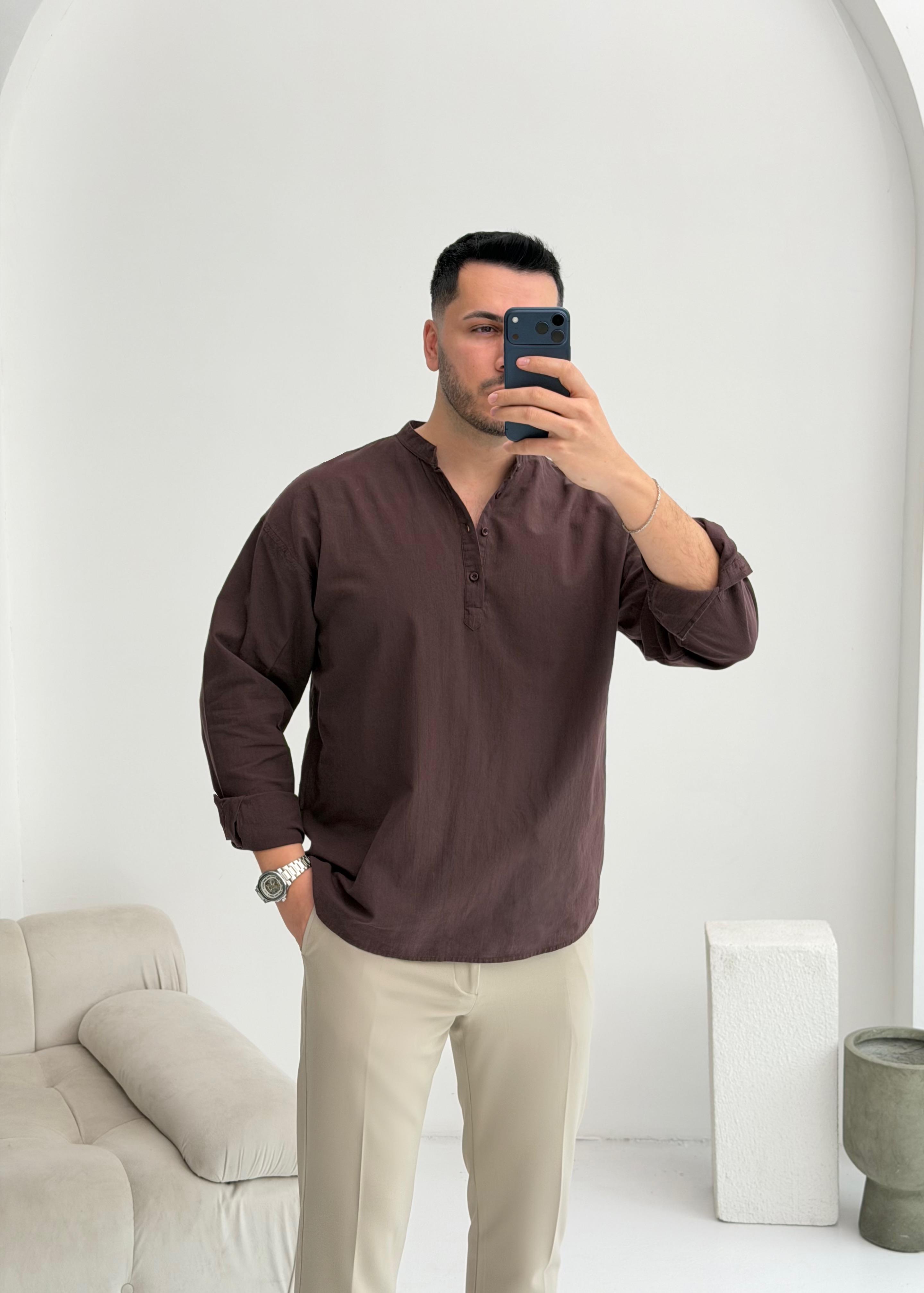 Yarım Pat Kahve Oversize Keten Gömlek 