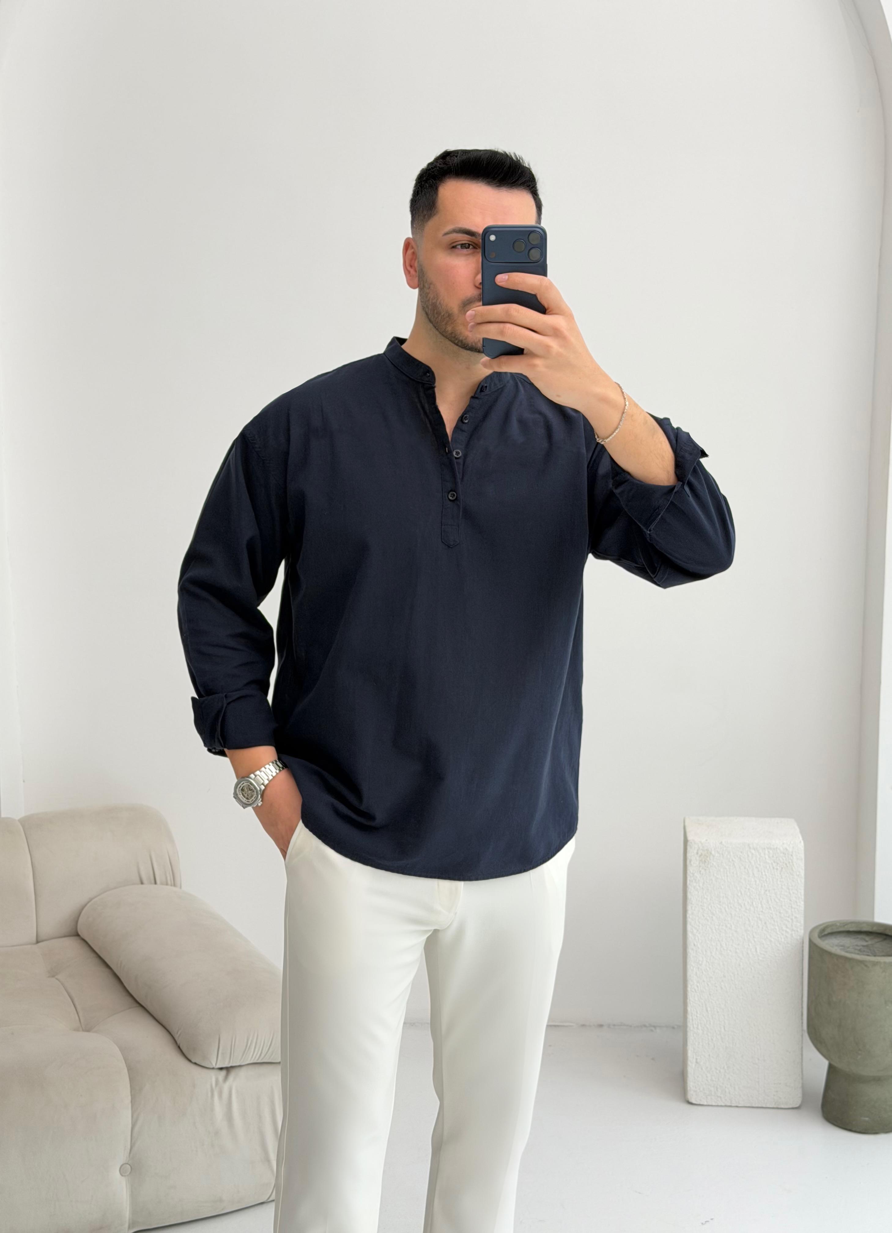 Yarım Pat Lacivert Oversize Keten Gömlek 