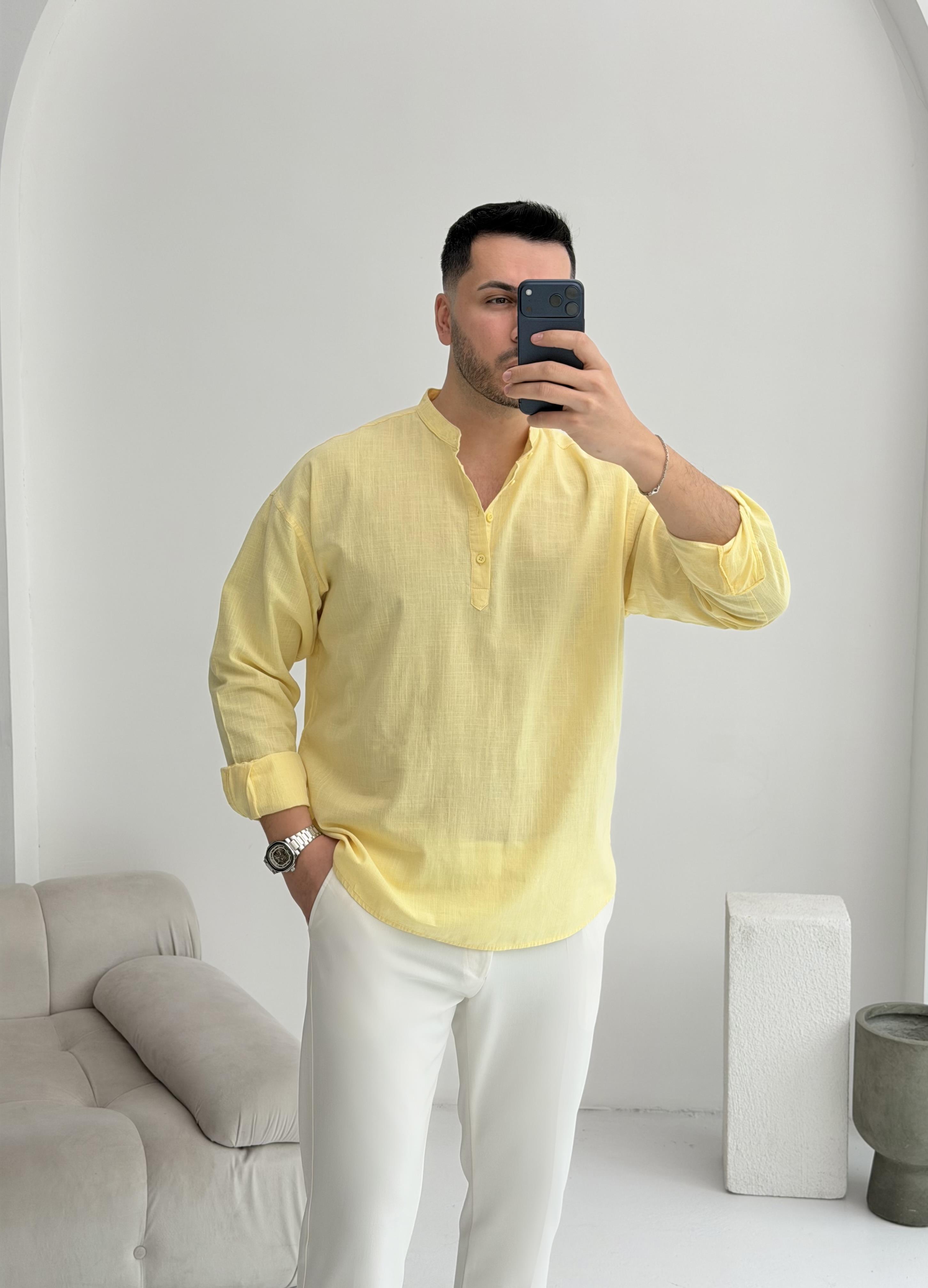 Yarım Pat Limon Sarısı Oversize Keten Gömlek 