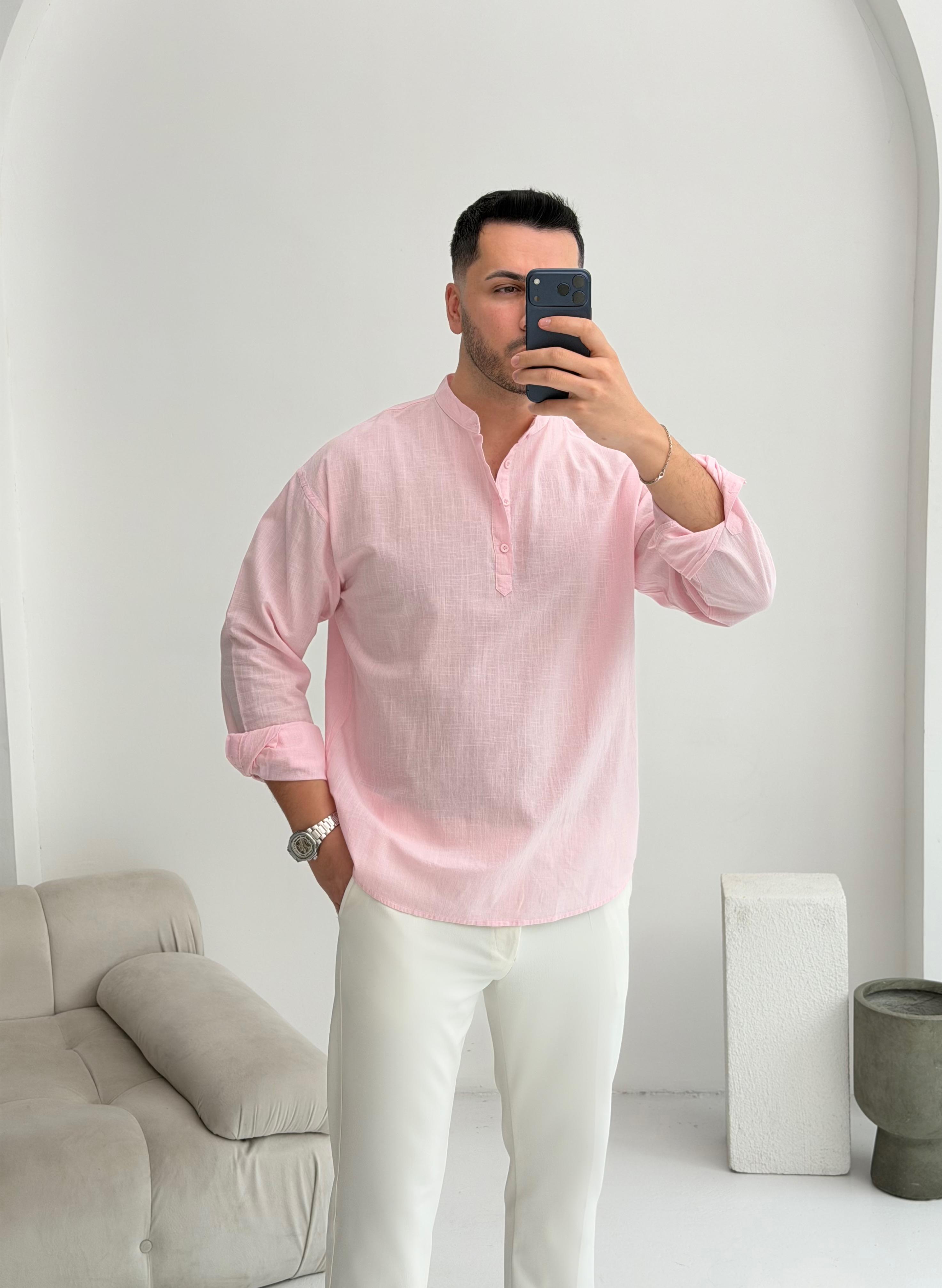 Yarım Pat Pudra Oversize Keten Gömlek 