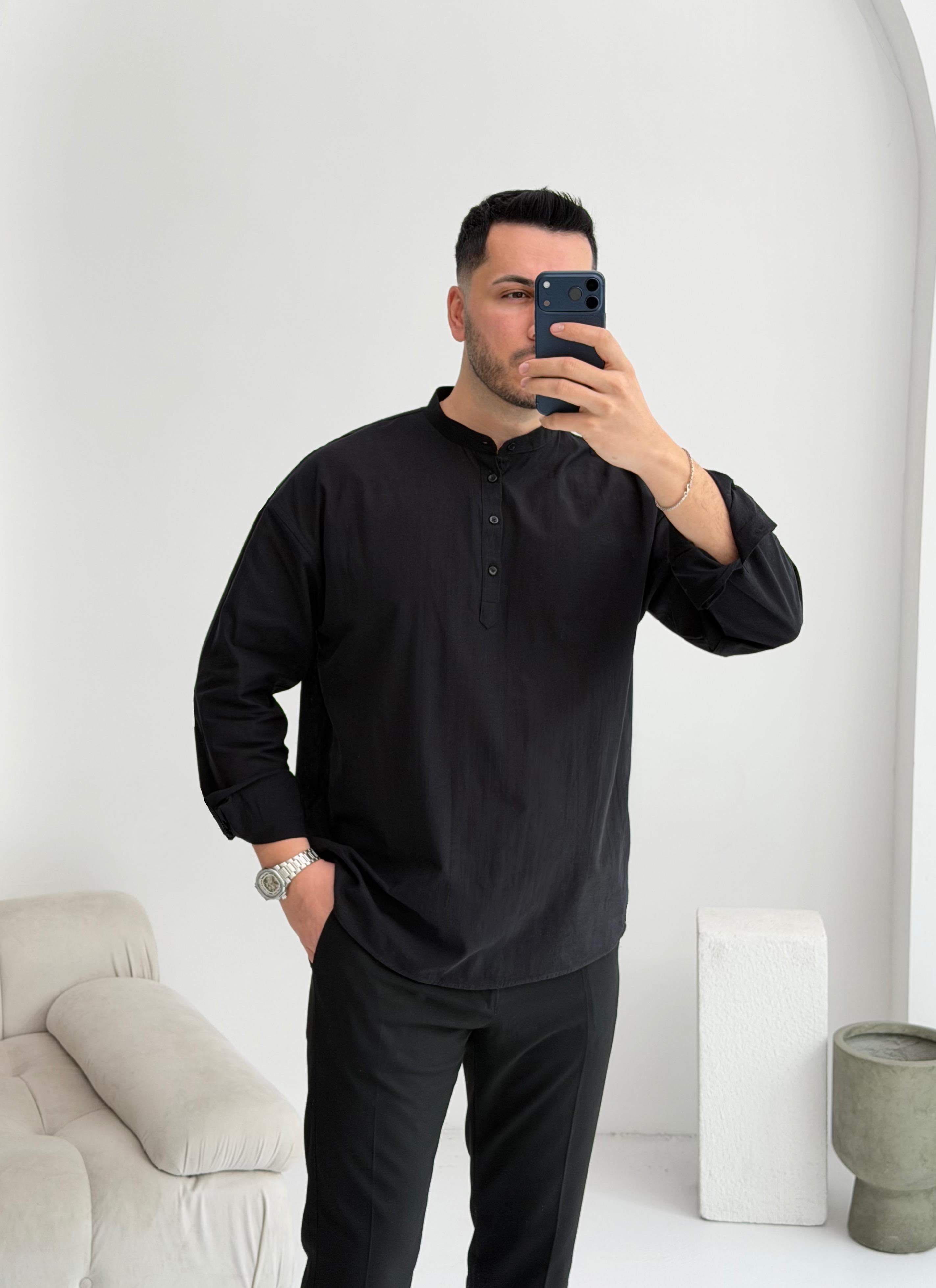 Yarım Pat Siyah Oversize Keten Gömlek 