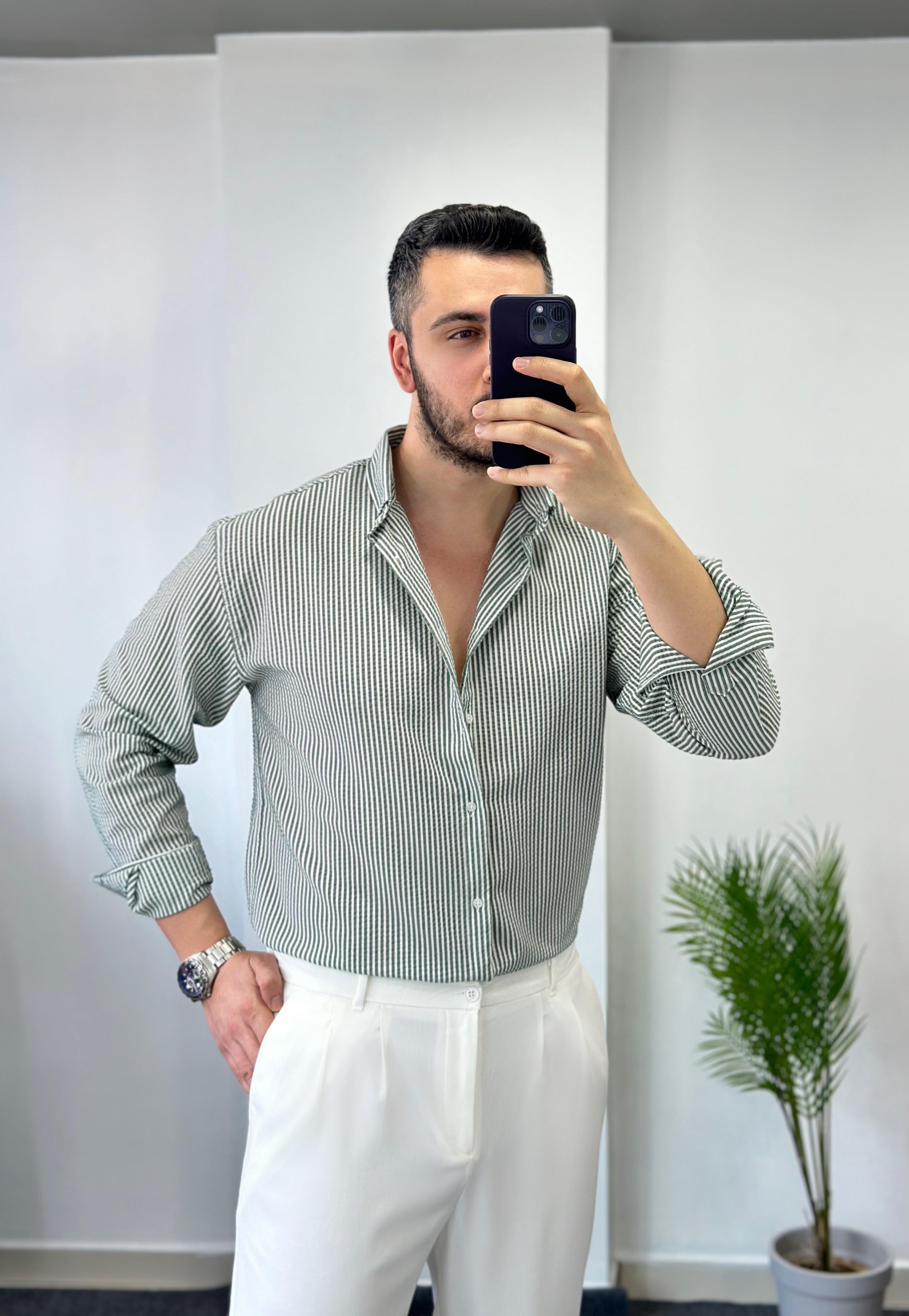 Yeşil Çizgili Yarım Oversize Keten Gömlek