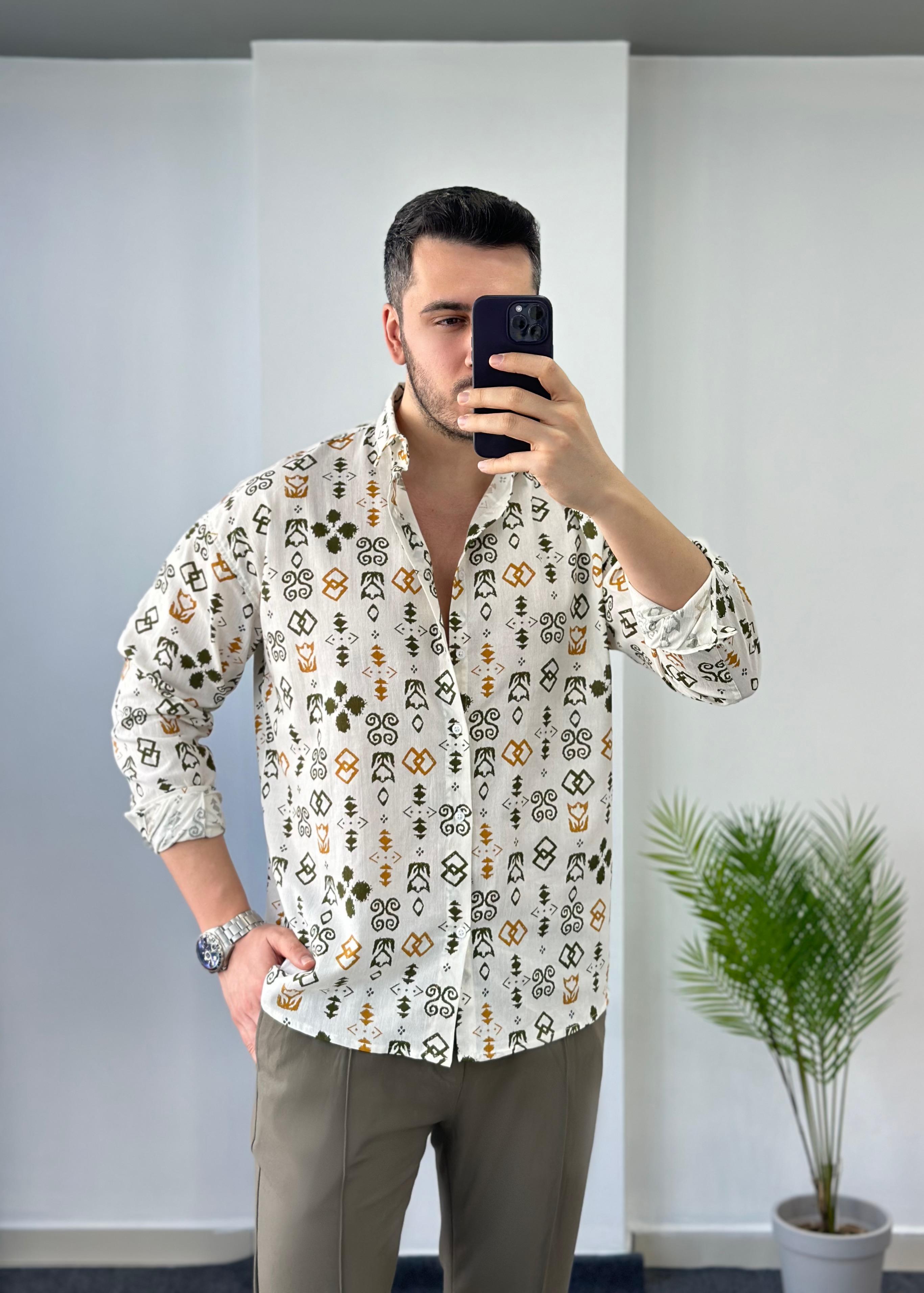 Yeşil Desen Oversize Keten Gömlek