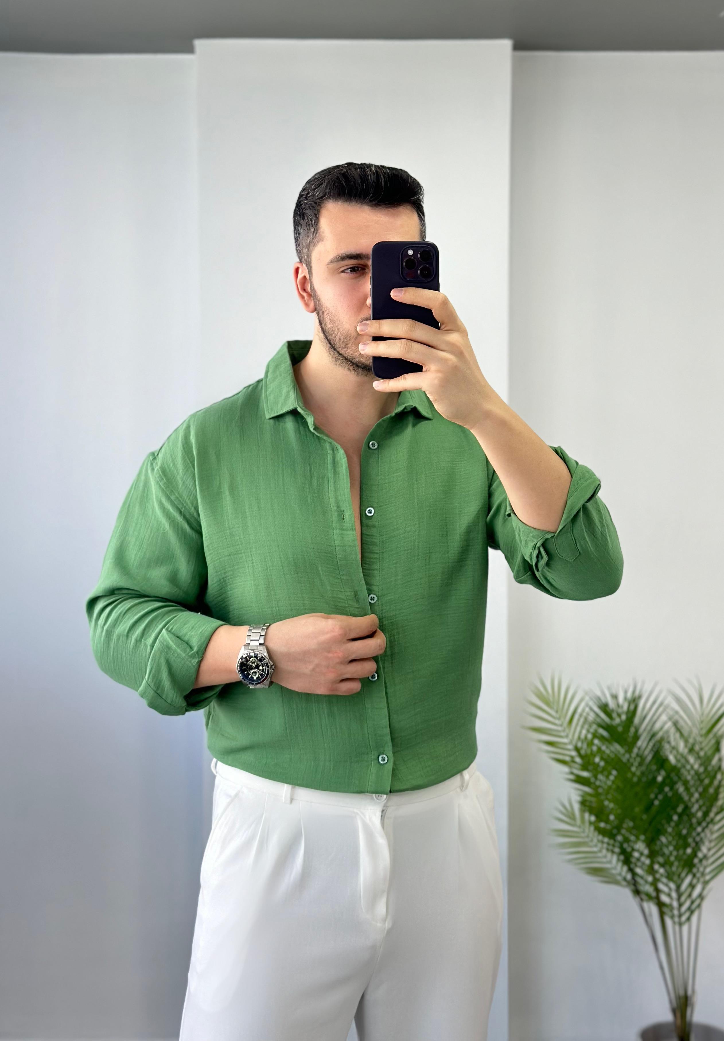 Yeşil Müslin Oversize Keten Gömlek