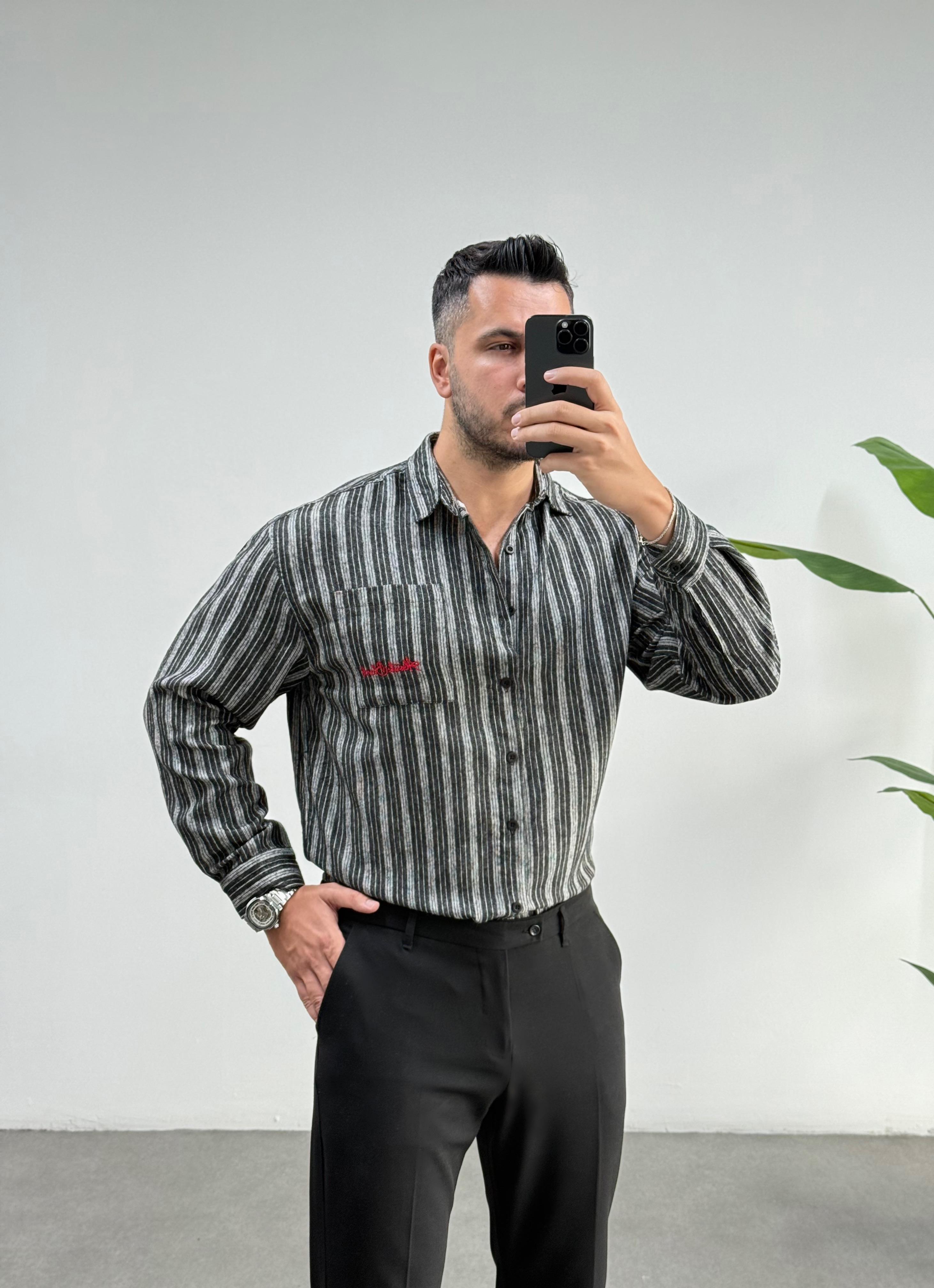 Yün Kaşmir Siyah Çizgili Oversize Gömlek 