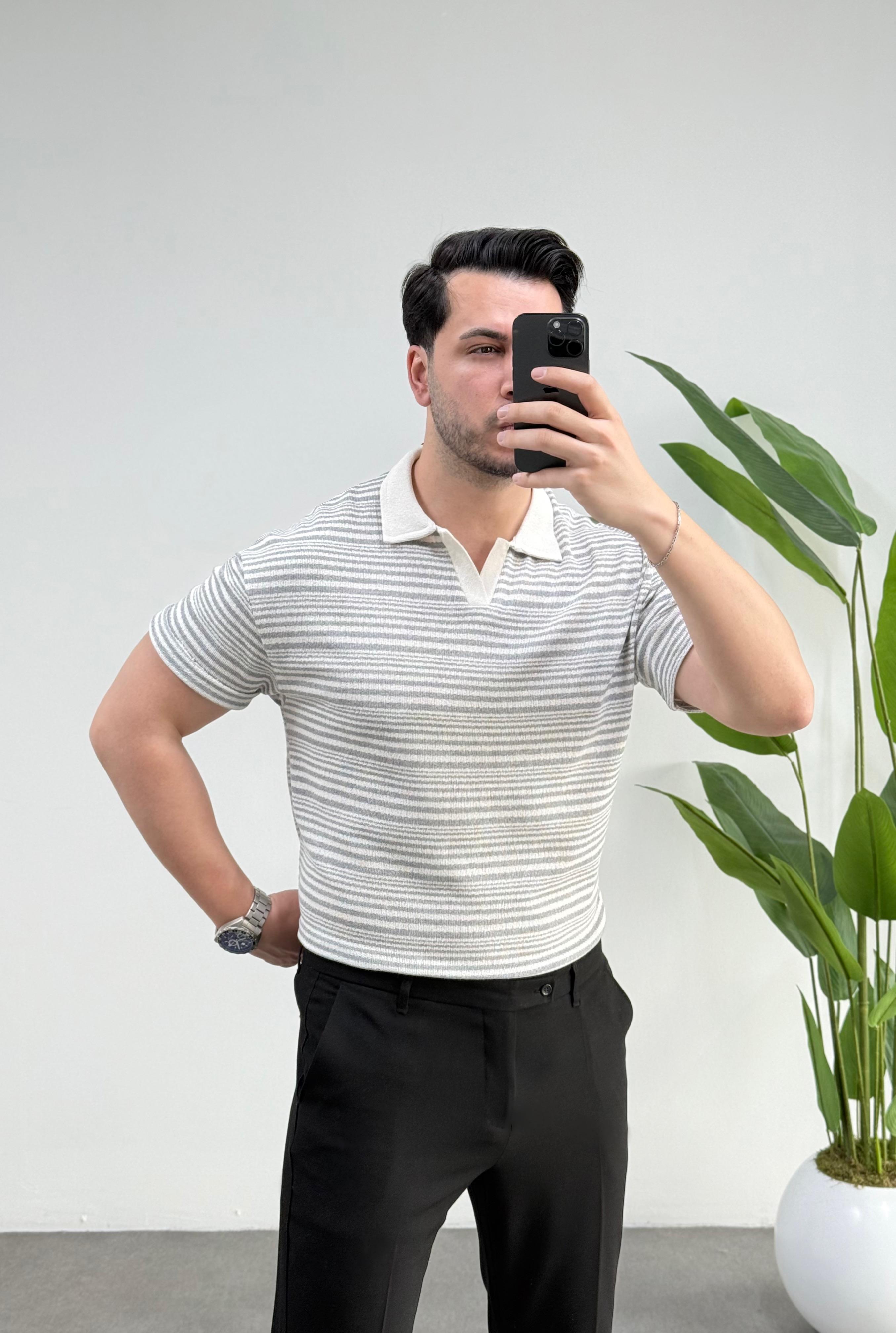 Zeo Gri Desen Polo Yaka Örme Tişört 