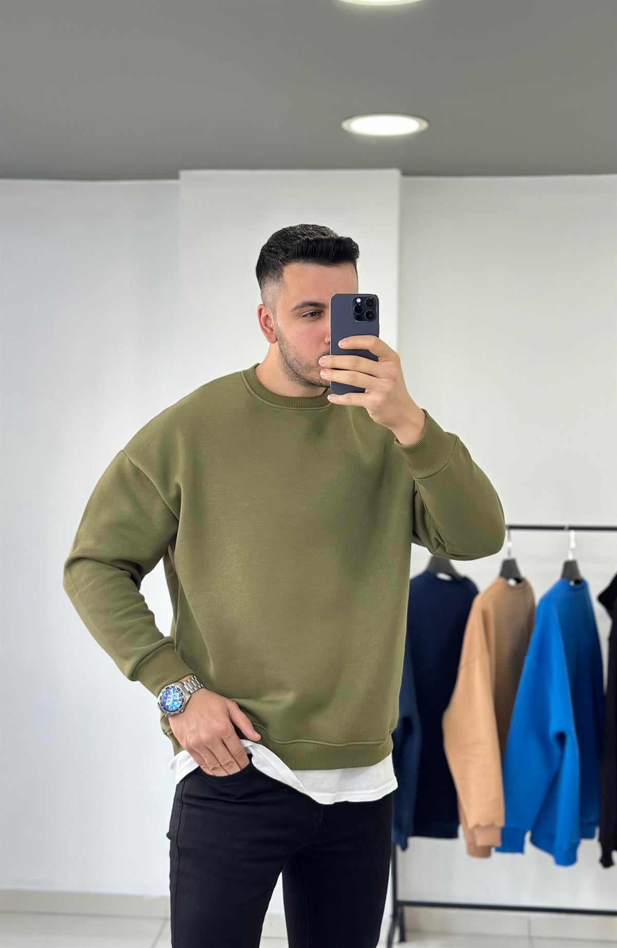 Zeytin Yeşili 3 İplik Şardonlu Oversize Sweatshirt 