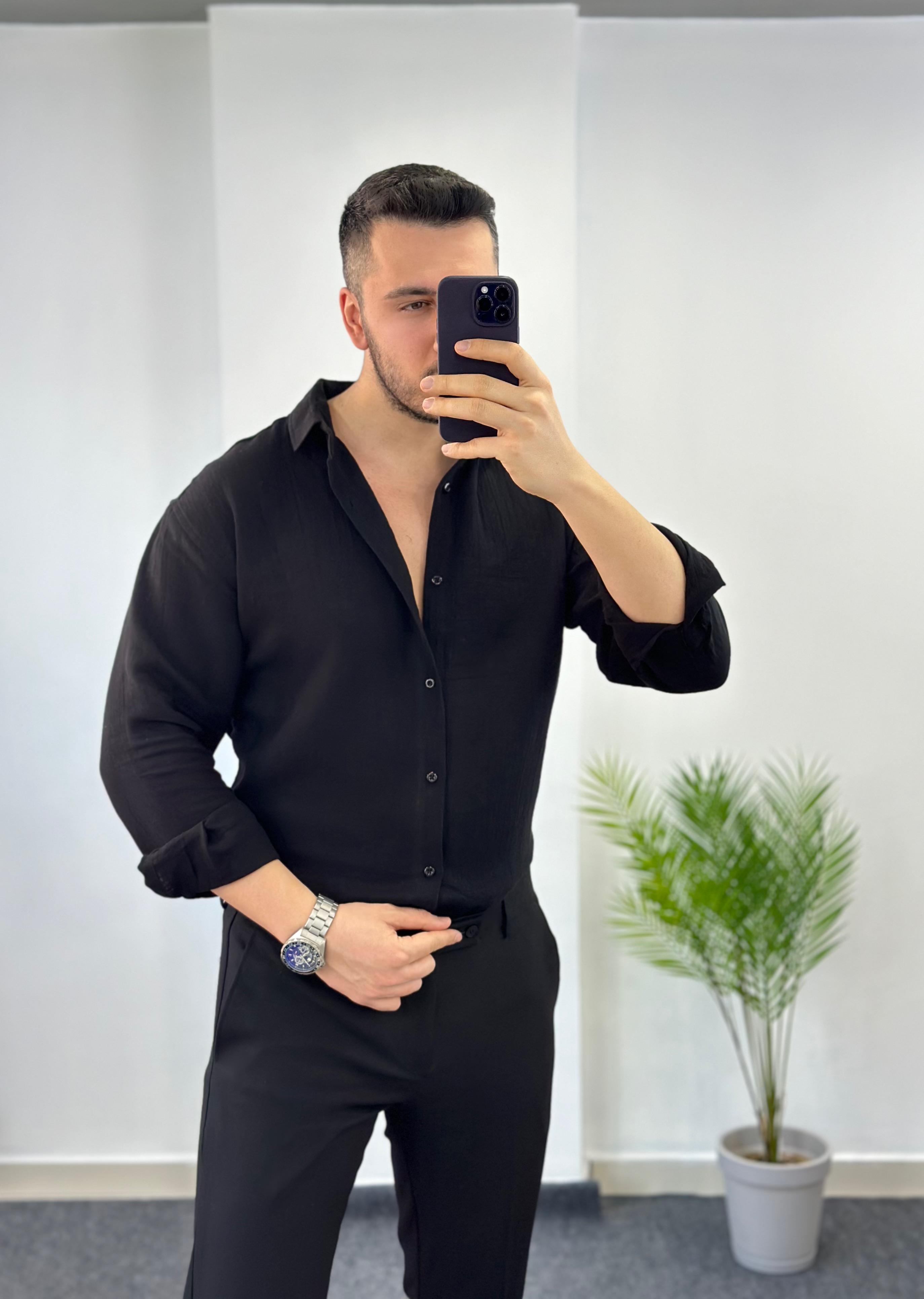 Zift Siyah Oversize Keten Gömlek
