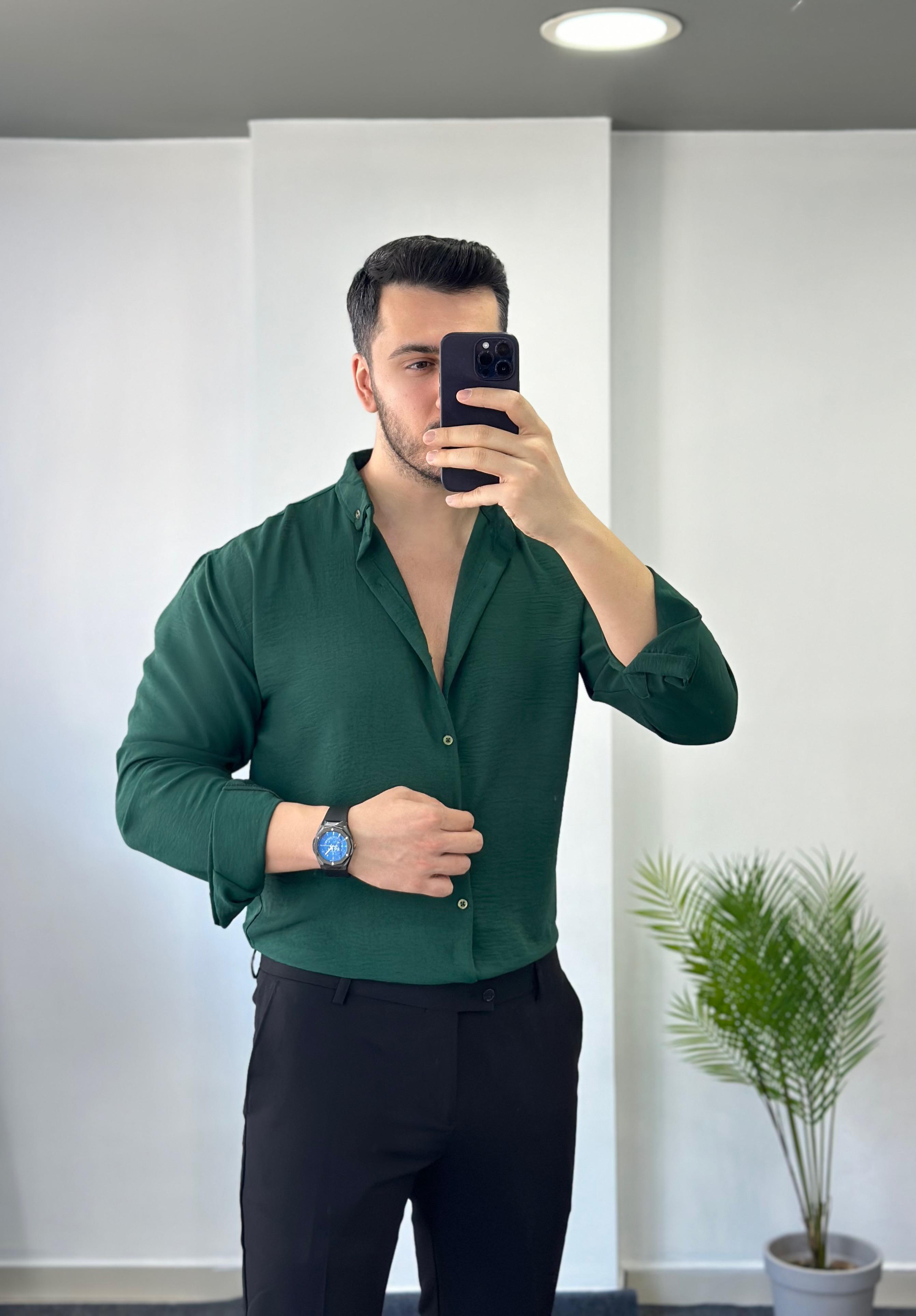 Zümrüt Yeşili Yarım Oversize Keten Gömlek