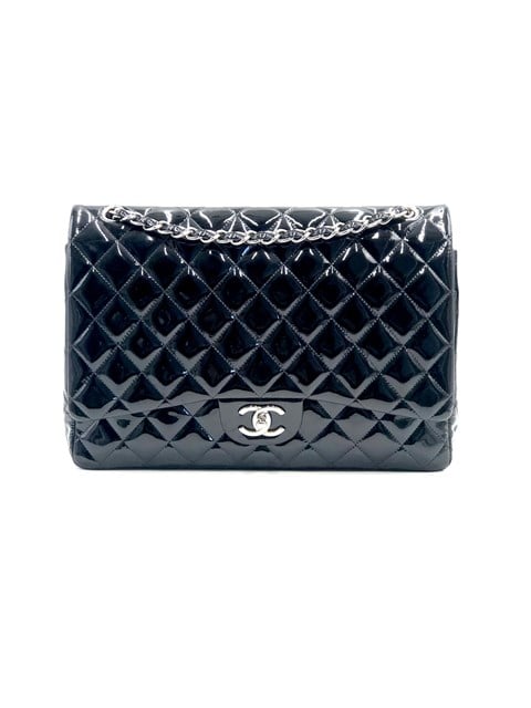 Chanel Classic Double Flap Quilted Patent Leather Silver-tone Jumbo Black -  US