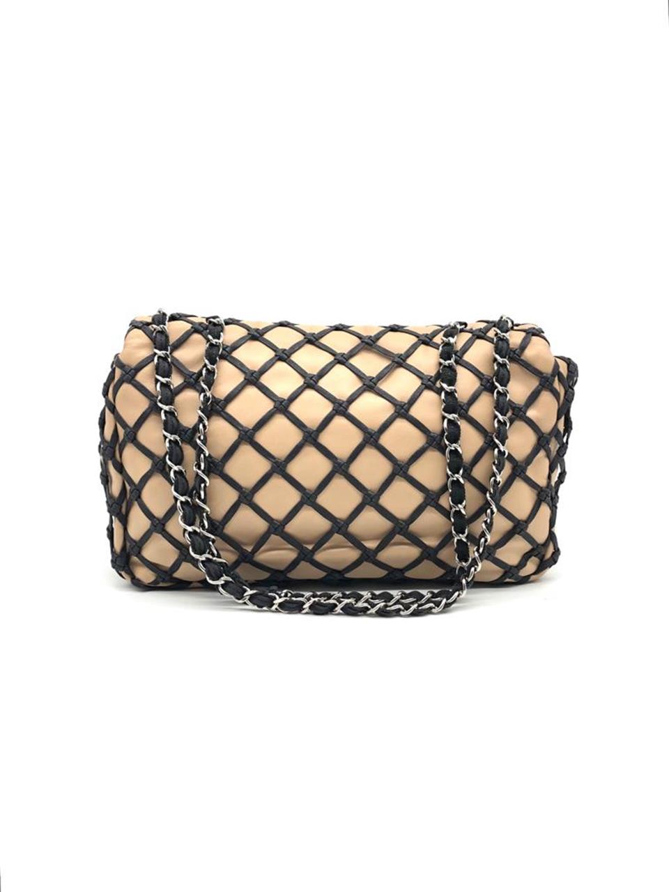 Chanel Beige Black Leather Canebiers Jumbo Flap Bag Deluxe Seconds'ta